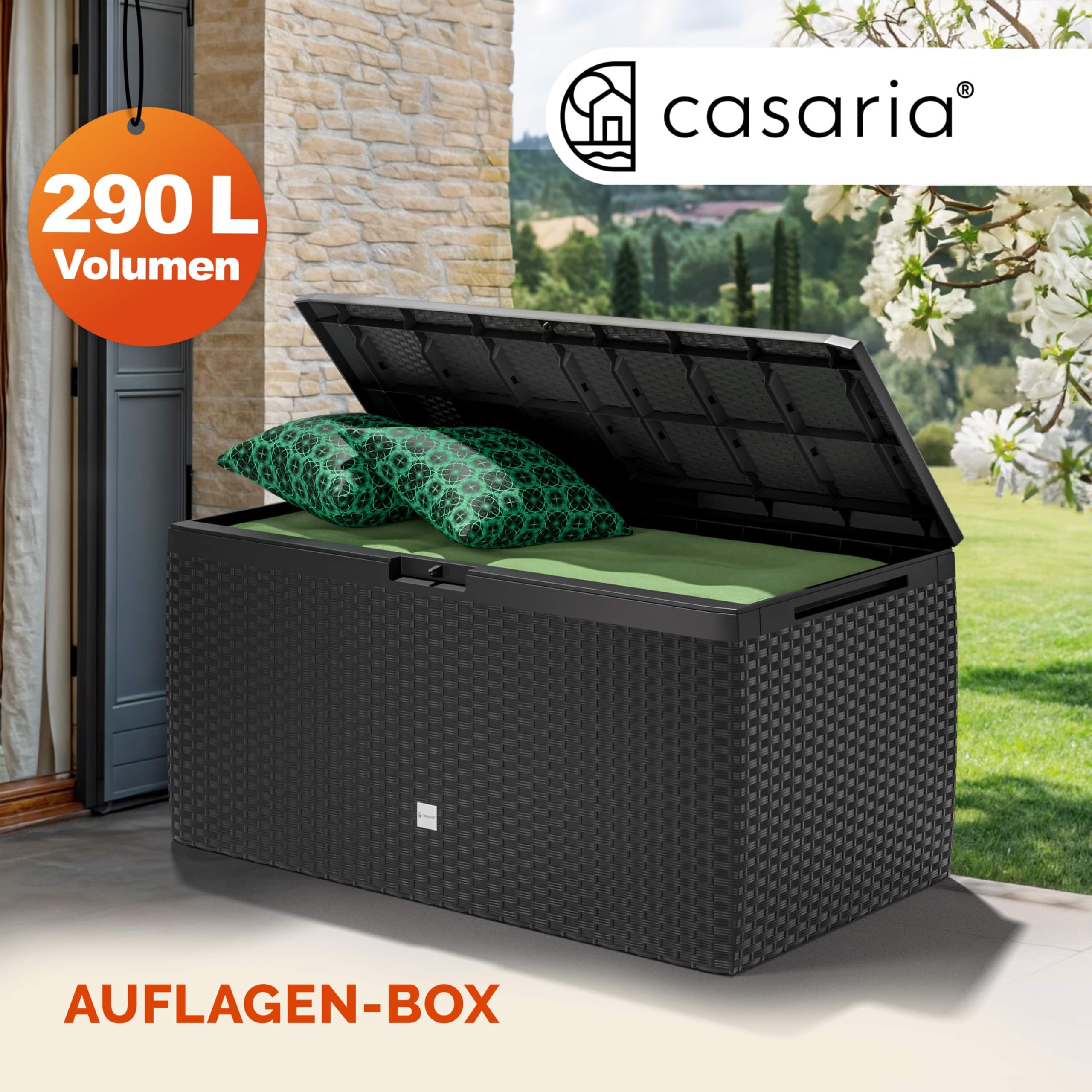Casaria® Baule da Giardino 117x47x60cm Aspetto Polyrattan 290L Box Multiuso Multibox Cuscini 6 Ruote Coperchio Esterno