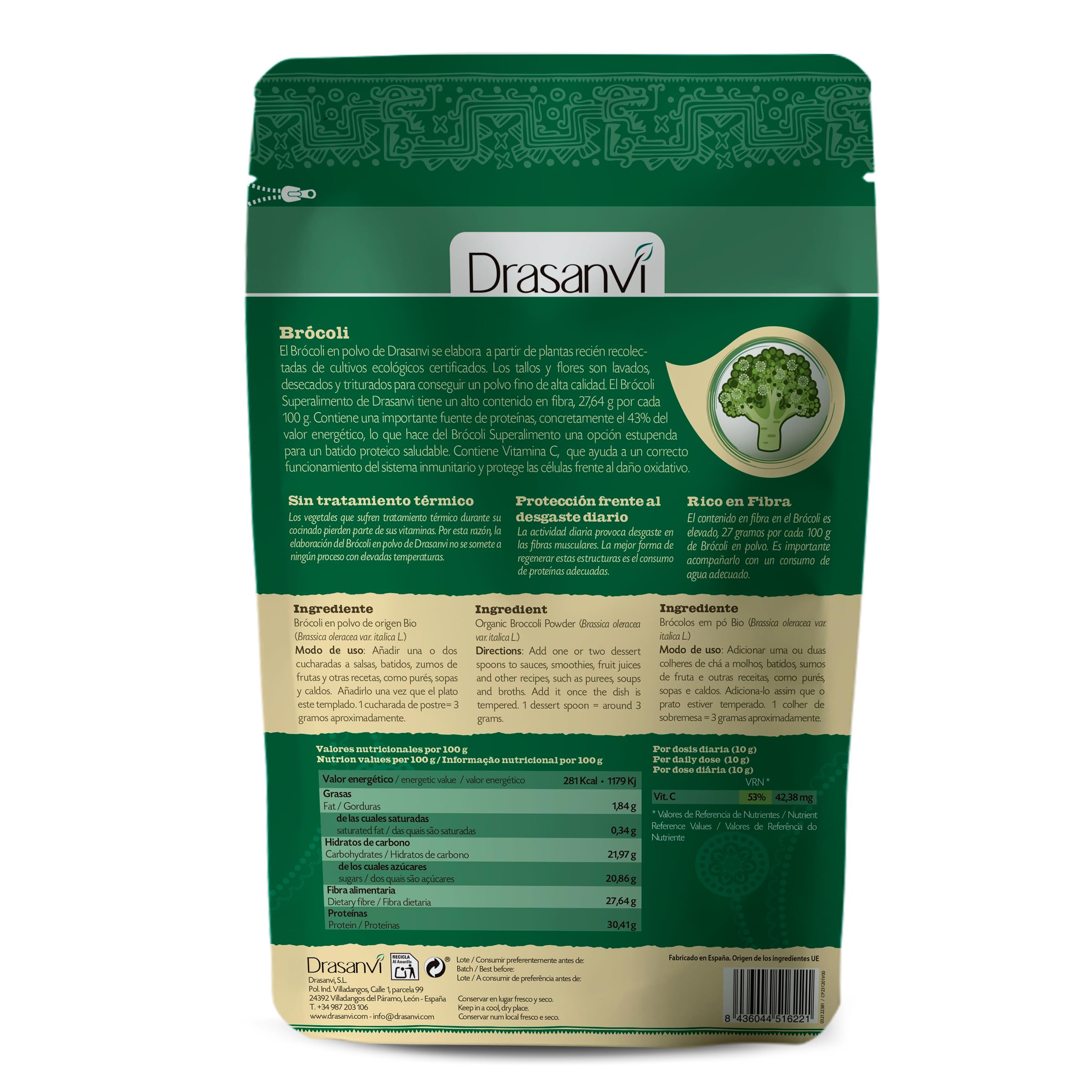 DRASANVI SUPERALIMENTO BRÓCOLI CERTIFICADO BIO - Alto contenido en Fibra + Proteínas + Vitamina C - Opción estupenda para un batido saludable - VEGANO - SIN GLUTEN - 150g
