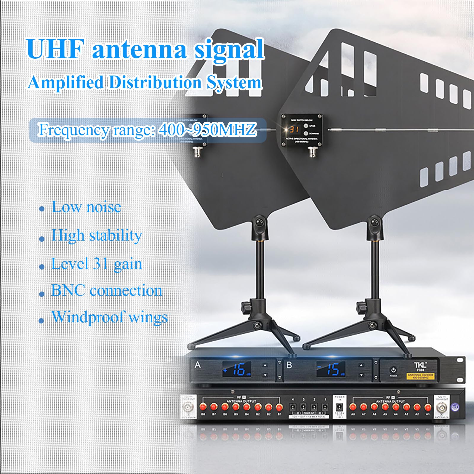 Amplificatore di segnale microfono wireless, Distribuzione antenna UHF, 2 antenne direzionali attive, 16 porte, frequenza 400-950MHz, guadagno regolabile