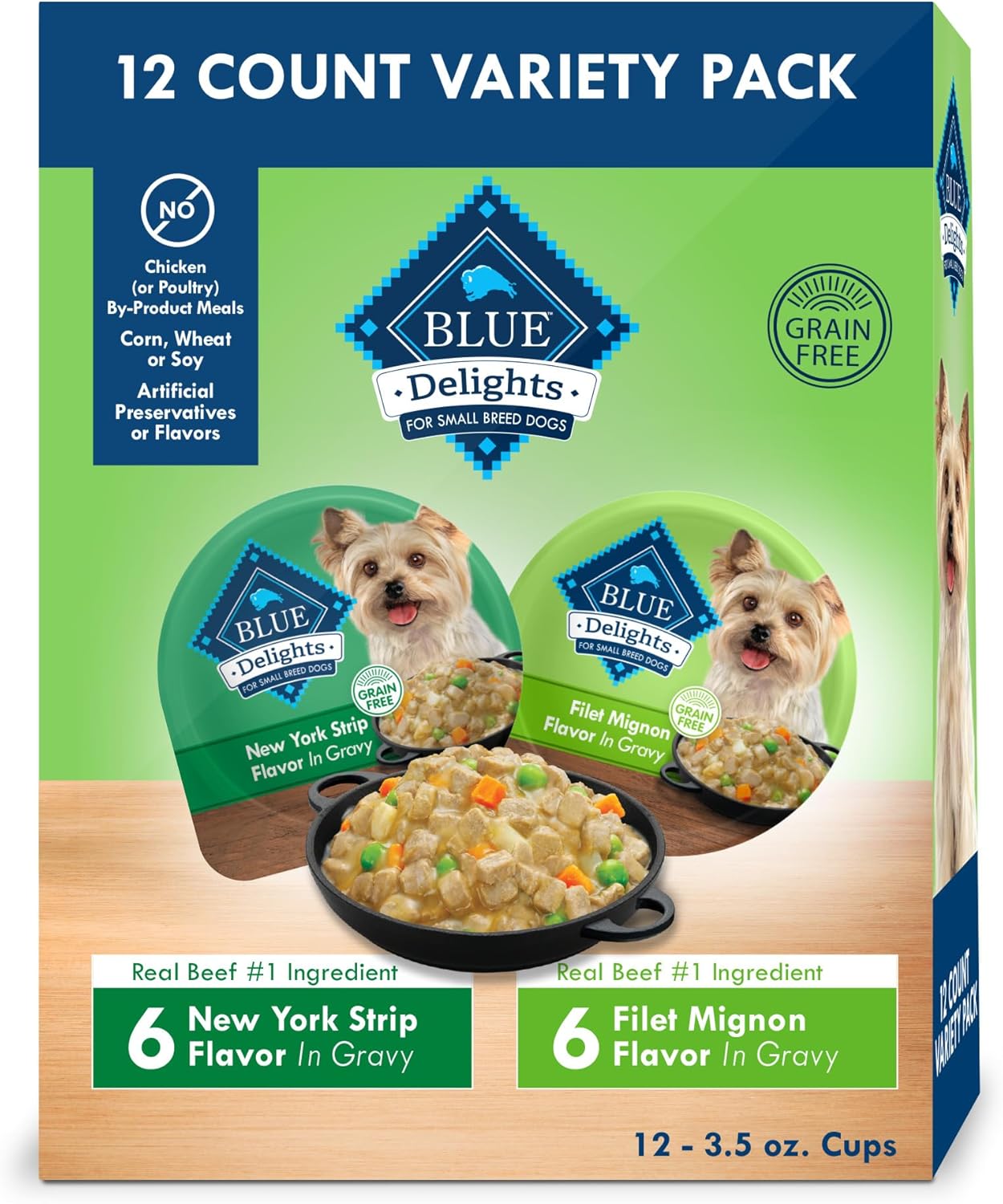 Blue Buffalo Delights Natural Adult Small Breed Wet Dog Food, Variety Pack, Made with Natural Ingredients, Filet Mignon & New York Strip Recipe in Hearty Gravy, 3.5-oz. Cups (12 Count, 6 of Each) Blue Buffalo Delights Natural Adult Small Breed Wet Dog Food, Variety Pack, Made with Natural Ingredients, Filet Mignon & New York Strip Recipe in Hearty Gravy, 3.5-oz. Cups (12 Count, 6 of Each)
