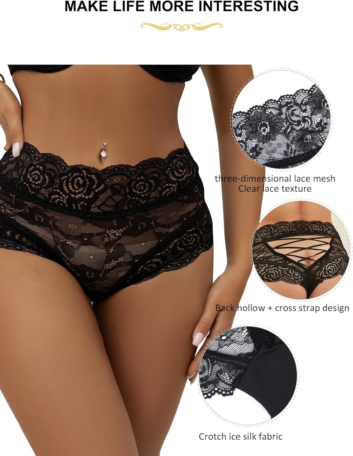 comeondear Sexy Cheeky Underwear for Women Lace Floral Bikini Criss Cross Panties Ladies Cute Hipster Plus Size Briefs - Image 5