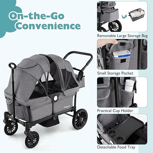 Miniatura 3 de BABY JOY Cochecito para 2 niños, plegable con barra de asa ajustable, toldo extraíble, arnés de seguridad, soporte para tazas, bandeja de aperitivos