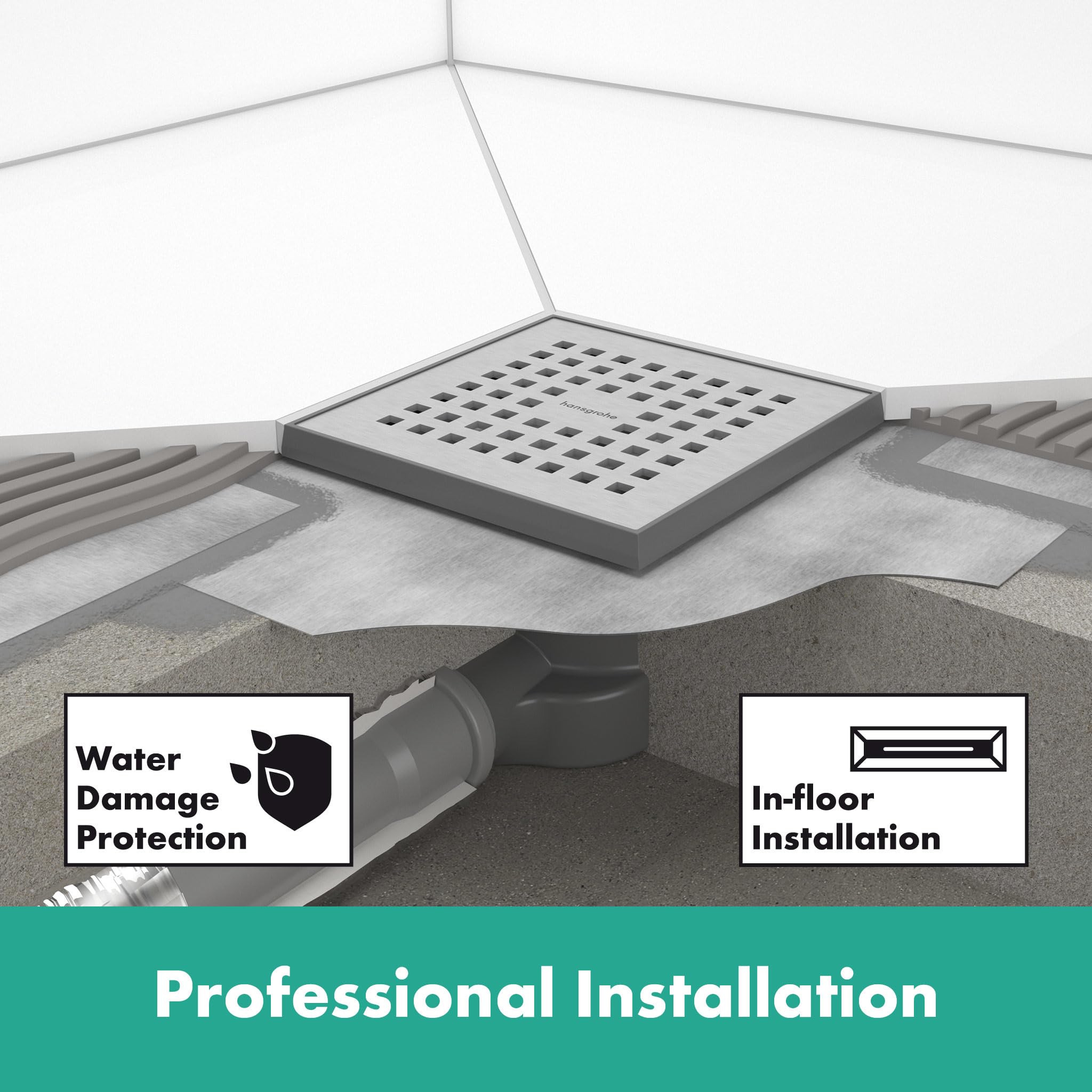 hansgrohe RainDrain Point - kompletny odpływ punktowy, kwadratowy odpływ prysznicowy 10 x 10 cm, odpływem prysznicowym, ruszt ozdobny, stal szlachetna szczotkowana
