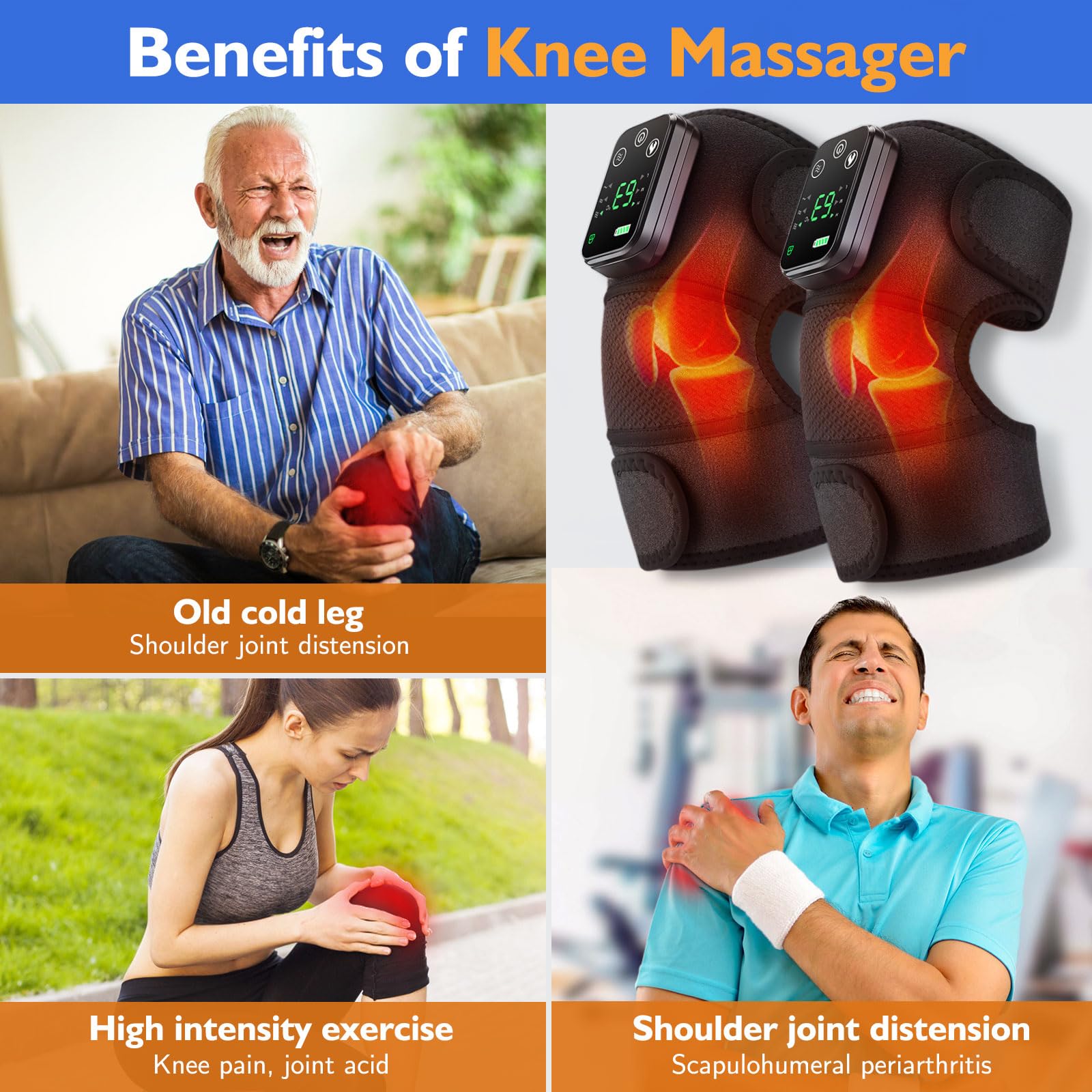 NORTHERN BROTHERS 2 Pack Heated Knee Massager with Vibration, Cordless Knee Heating Pad Brace, 3 Heat Levels, 5000mAh Rechargeable, Adjustable for Knee Shoulder Elbow