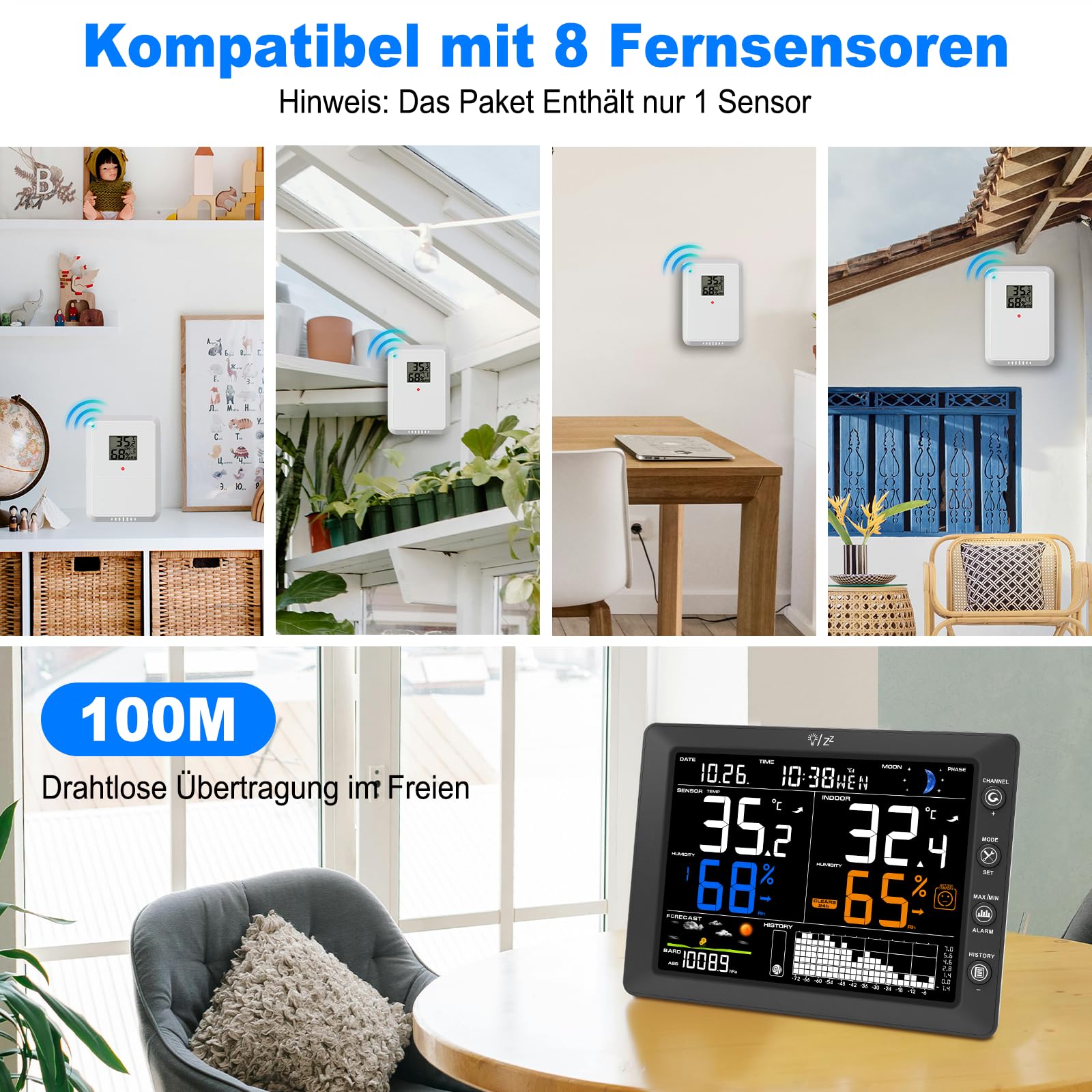 Urageuxy Wetterstation Funk mit Außensensor, 8,3 Zoll VA-Farbdisplay, DCF Funkuhr, Wettervorhersage, Innen- & Außentemperatur, Luftfeuchtigkeit, Luftdruck, 100 m Funkreichweite, für bis zu 8 Sensoren
