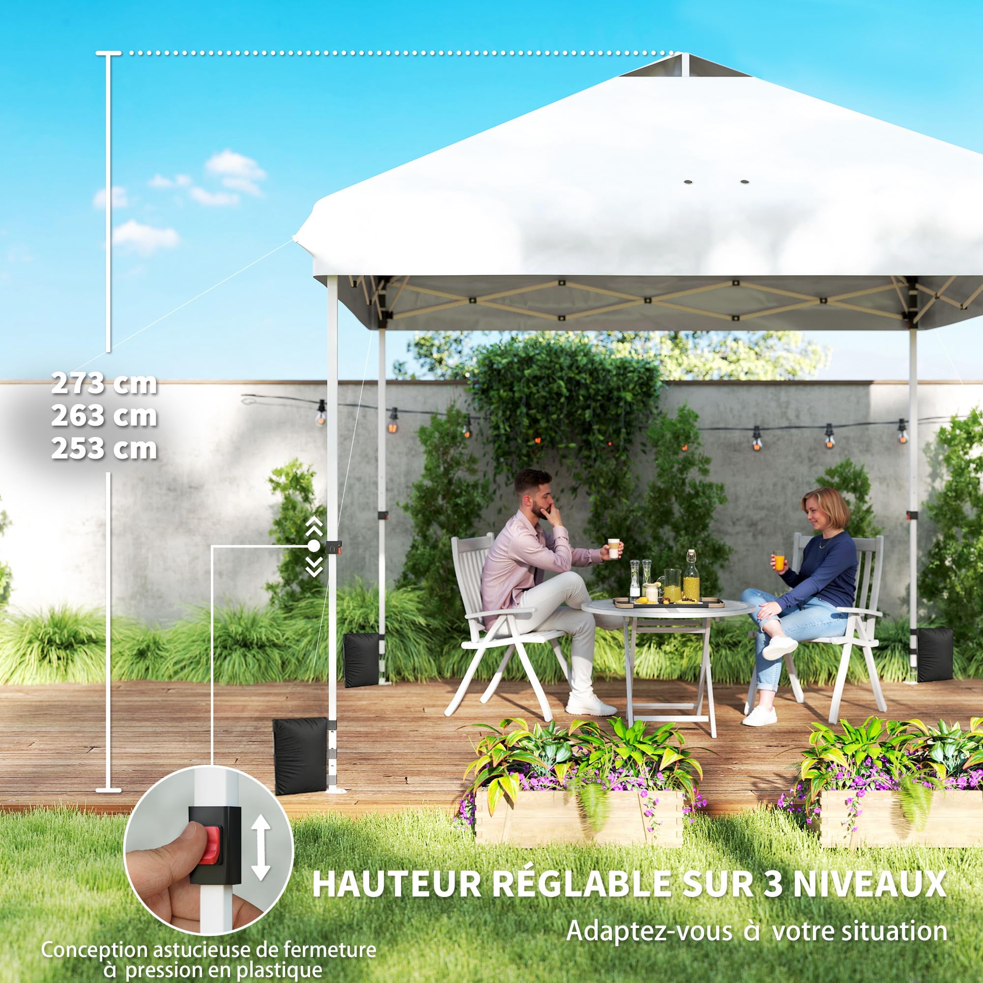 Outsunny Tonnelle de Jardin Exterieur 3x3m, tonnelle Pliante Pop-up avec Roues, Protection Solaire UPF50+, 4 Sacs de Sable, Hauteur réglable, Sac de Transport, Blanc