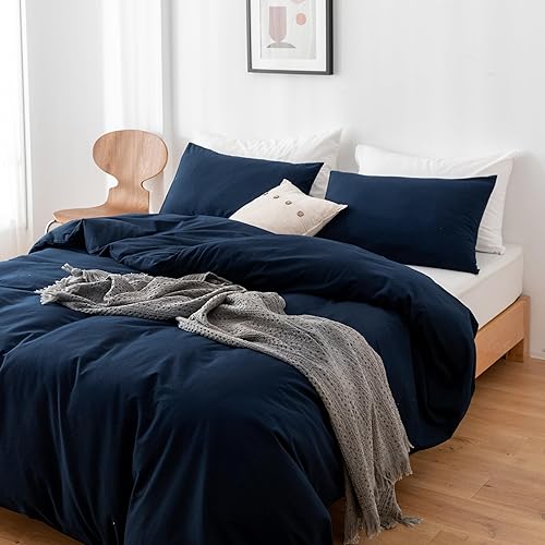 Miniatura 4 de ECOCOTT Juego de funda de edredón de 3 piezas, 100% algodón lavado, 1 funda de edredón con cremallera y 2 fundas de almohada, ultra suave y de fácil