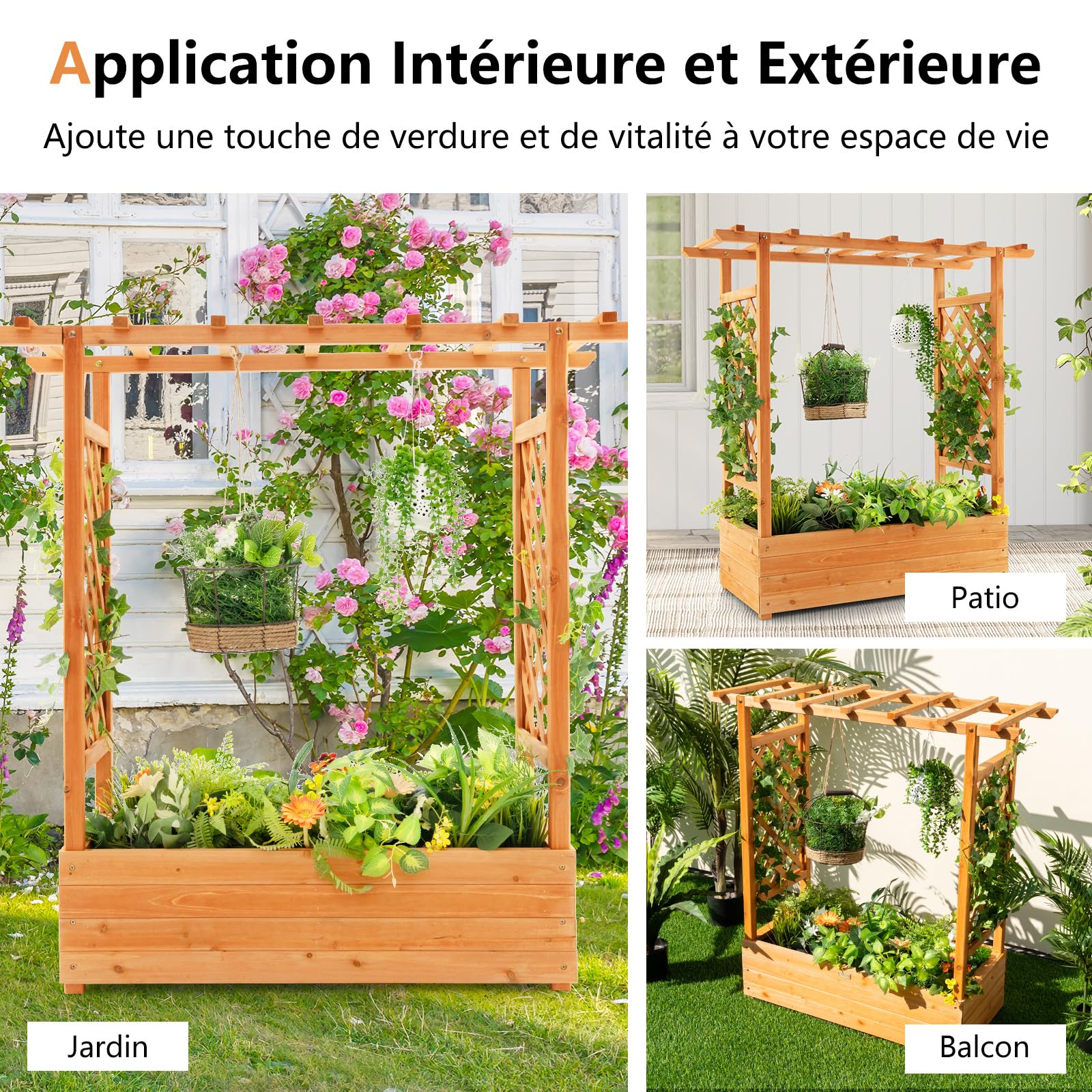 RELAX4LIFE Jardinière Surélevée avec Treillis Latéral & Supérieur, Jardinière sur Pied avec Treillis&Trous de Drainage, Conteneur de Plantes Vertical pour Plantes Grimpantes Légumes Fleurs Herbes