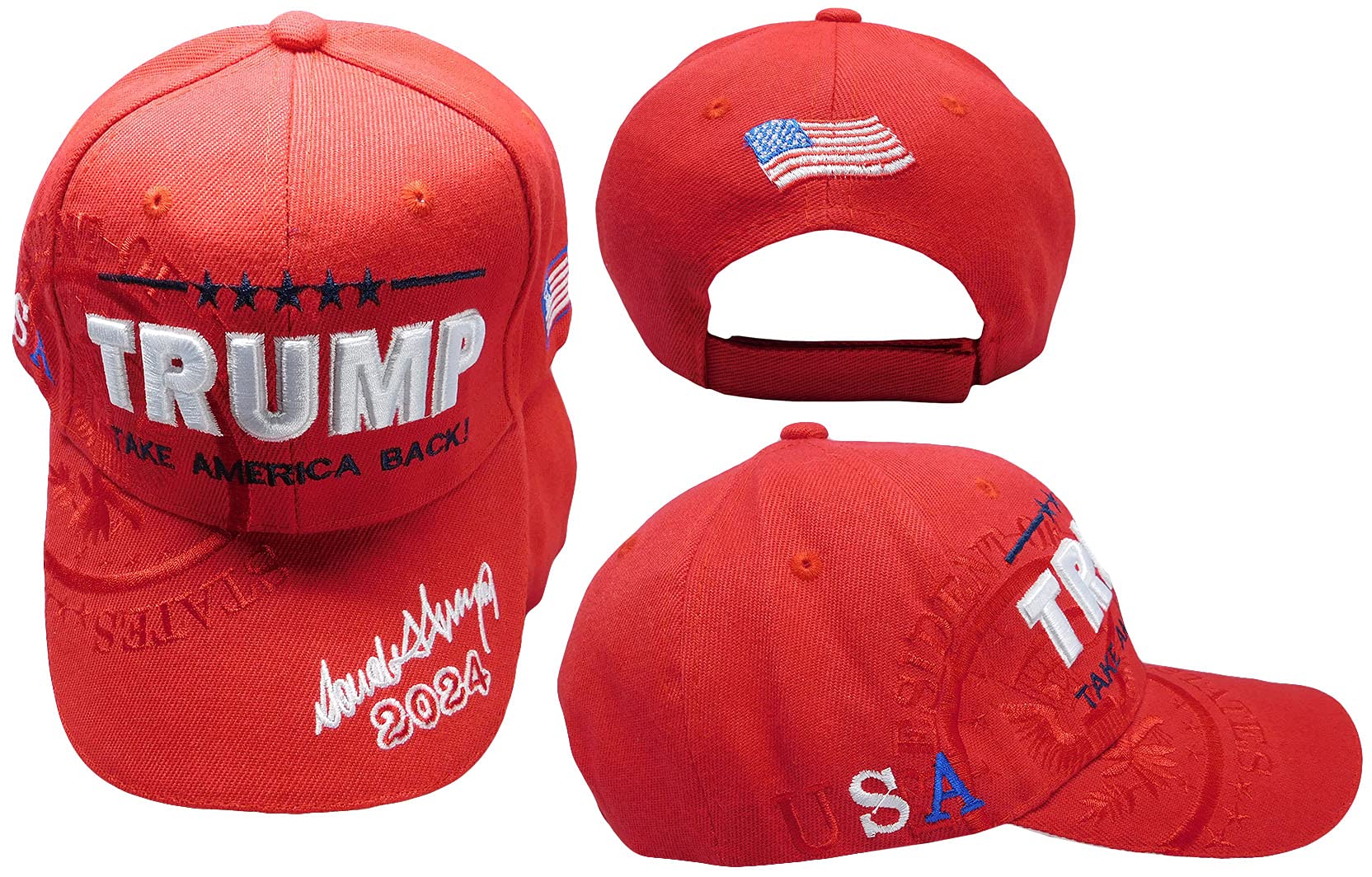 Trade WindsTrump Take America Back! USA Signature 2024 Red Shadow 100% Polyester Adjustable Embroidered Baseball Cap Hat