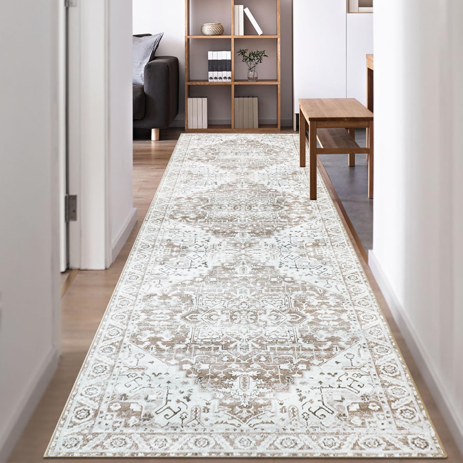 Famibay Hallway Runner Non Slip Runner Rugs for Hallway 80x300cm Extra Long Washable Beige Brown Vintage Kitchen Hall Carpet Floor Rugs for Entryways Bedroom Laundry