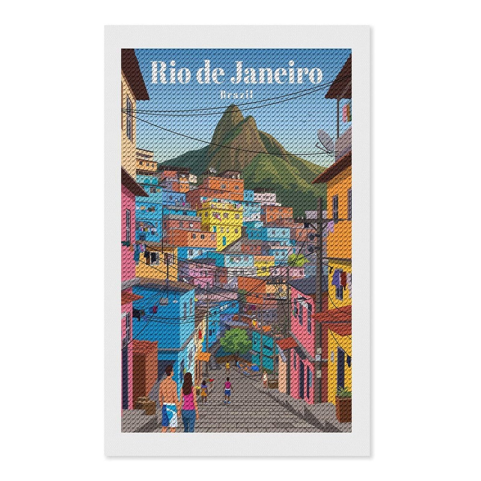 Junmoney Rio De Janeiro Favelas Diamond Art Canvas 12"x20", for Adults, Printed Canvas, Home Wall Decor, Gift Idea, Mindful Craft Activity