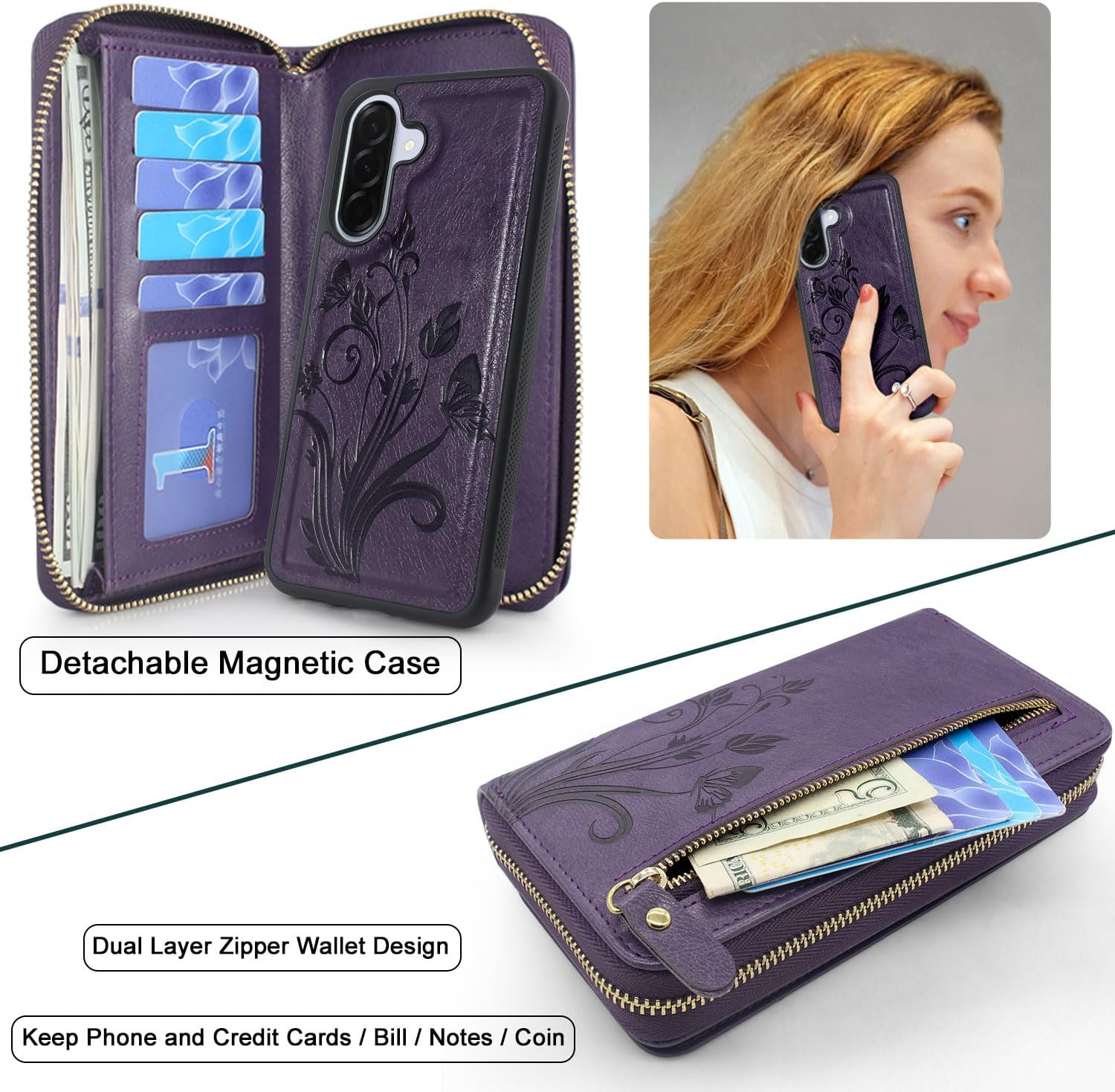 Lacass for Samsung Galaxy A37 A36 A56 5G Wallet Case,Crossbody Dual Zipper Detachable Magnetic Leather Wallet Case Cover Wristlets Wrist Strap 13 Card Slots Money Pocket(Floral Dark Purple)