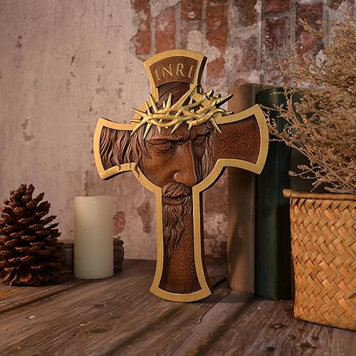 Miniatura 4 de BGCOPPER Corona de espinas Jesús Cruz Wll Decoración, Cruz de madera hecha a mano para pared, Crucifijo INRI Crucifijo de pared para el hogar,