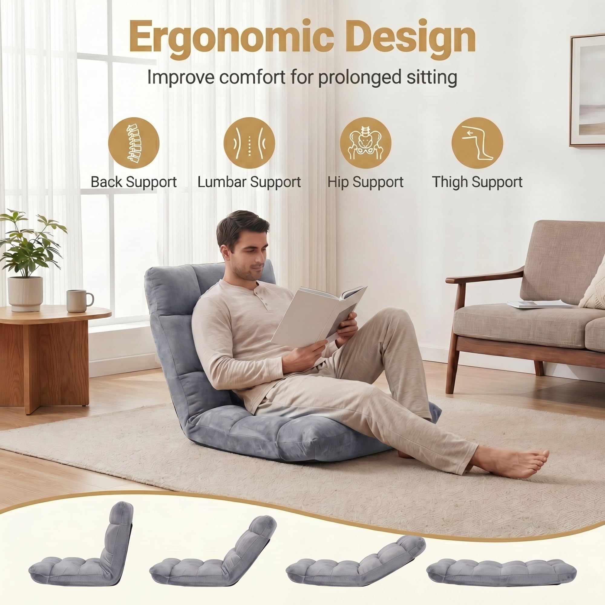 RELAX4LIFE Bodenstuhl Klappbar, Bodensessel mit Verstellbarer Rückenlehne & Liegefunktion, Relaxsessel faltbar, Bodensitz gepolstert, Meditationsstuhl, Floor Chair für Zuhause & Freizeit (Grau)
