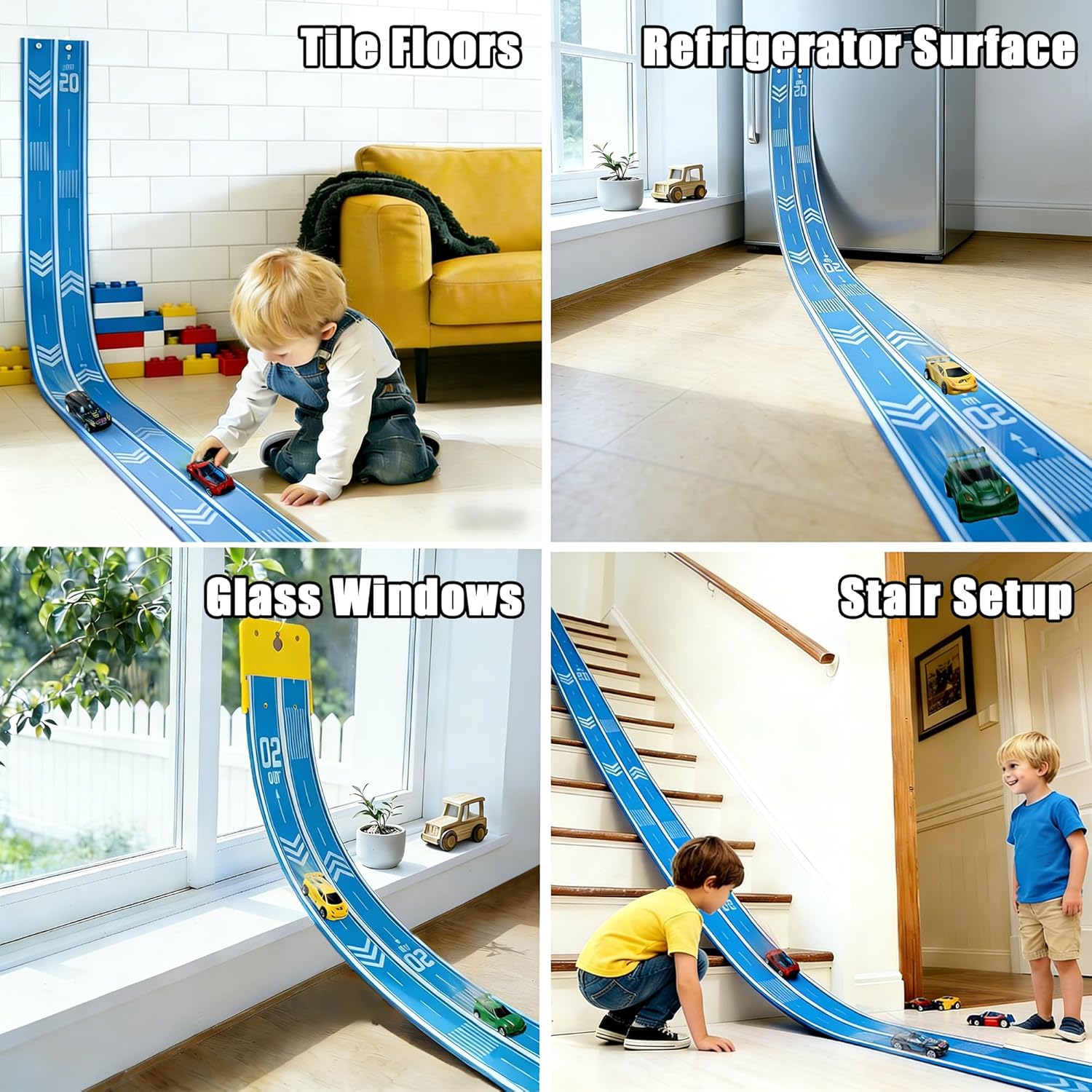 16.4Ft Flexible Race Track for Kids Ages 3+, Patterned Dual-Lane Roll Up Race Track Set with 4 Toy Cars & Suction Cups, Compatible with 1/64 Diecast Cars, Portable DIY Racing Toy(Daytona Blue)