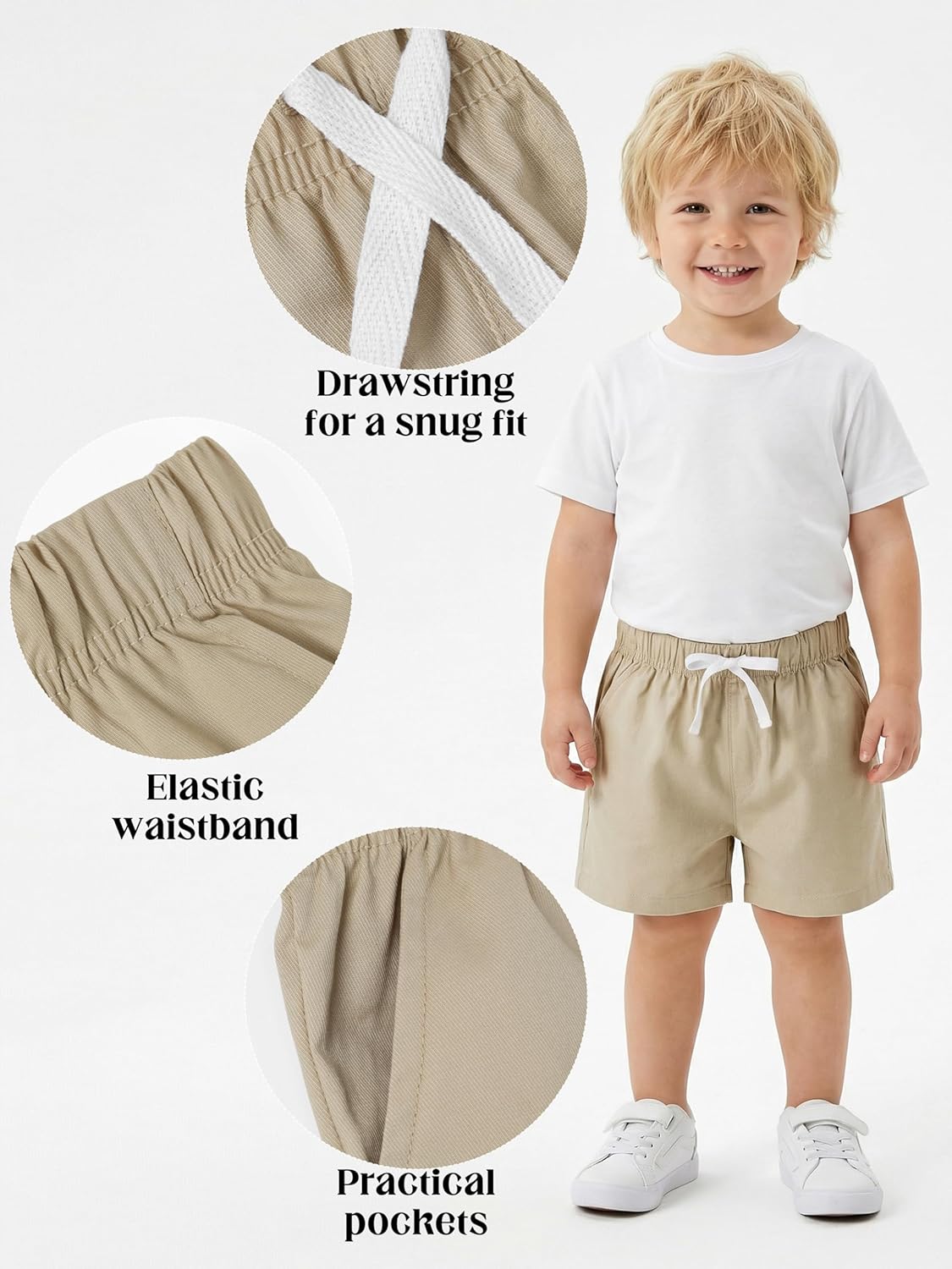 Cooraby 3 Pack Toddler Boys Shorts Elastic Waist Chino Cargo Uniform Shorts Soft Cotton with Drawstring Pockets 2T-5T