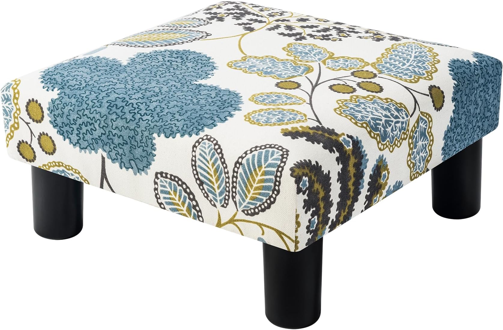 Small Foot Rest Stool Ottoman, Square Upholstered Fabric Footstool for Couch, Under Desk, Office, Living Room, Blue Floral