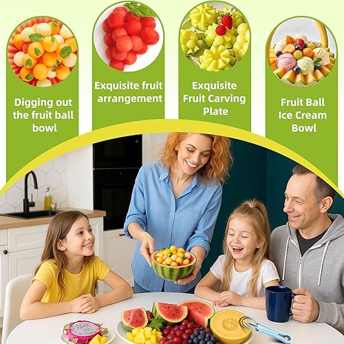 Miniatura 6 de Suuker Juego de cuchara de bola de melón, juego profesional de 4 en 1 de cuchillos de herramientas de tallado de frutas de acero inoxidable, Azul