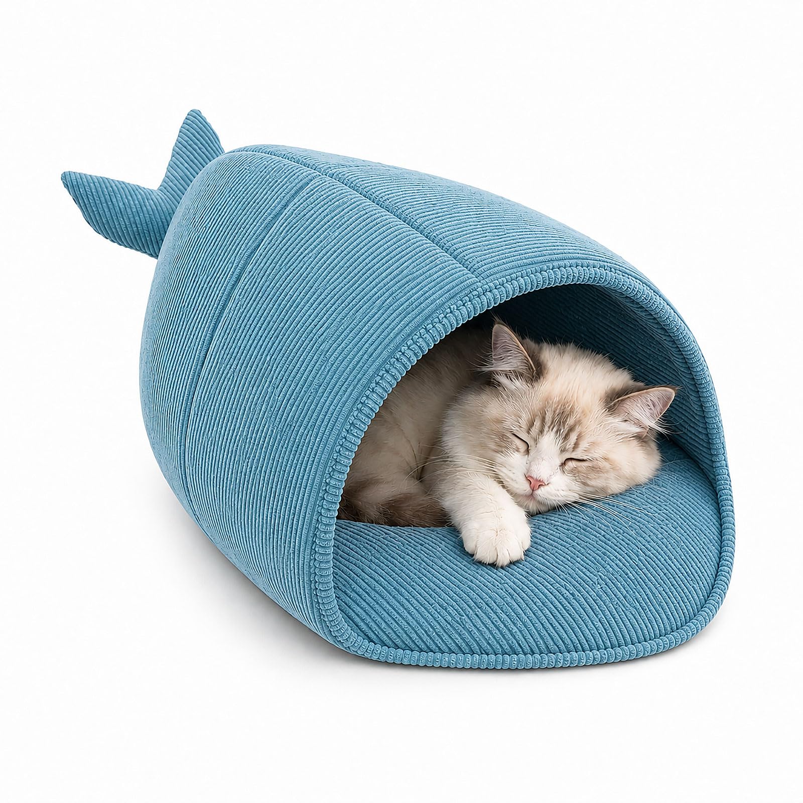 Colenumone Cat Bed and Dog Bed Whale Cave for Indoor Pets, Corduroy Soft Hooded Hideaway House, Warm Padded Kitten and Puppy Nest for Deep Sleep, Blue, 21.3" L x 11.8" W x 7.1" H