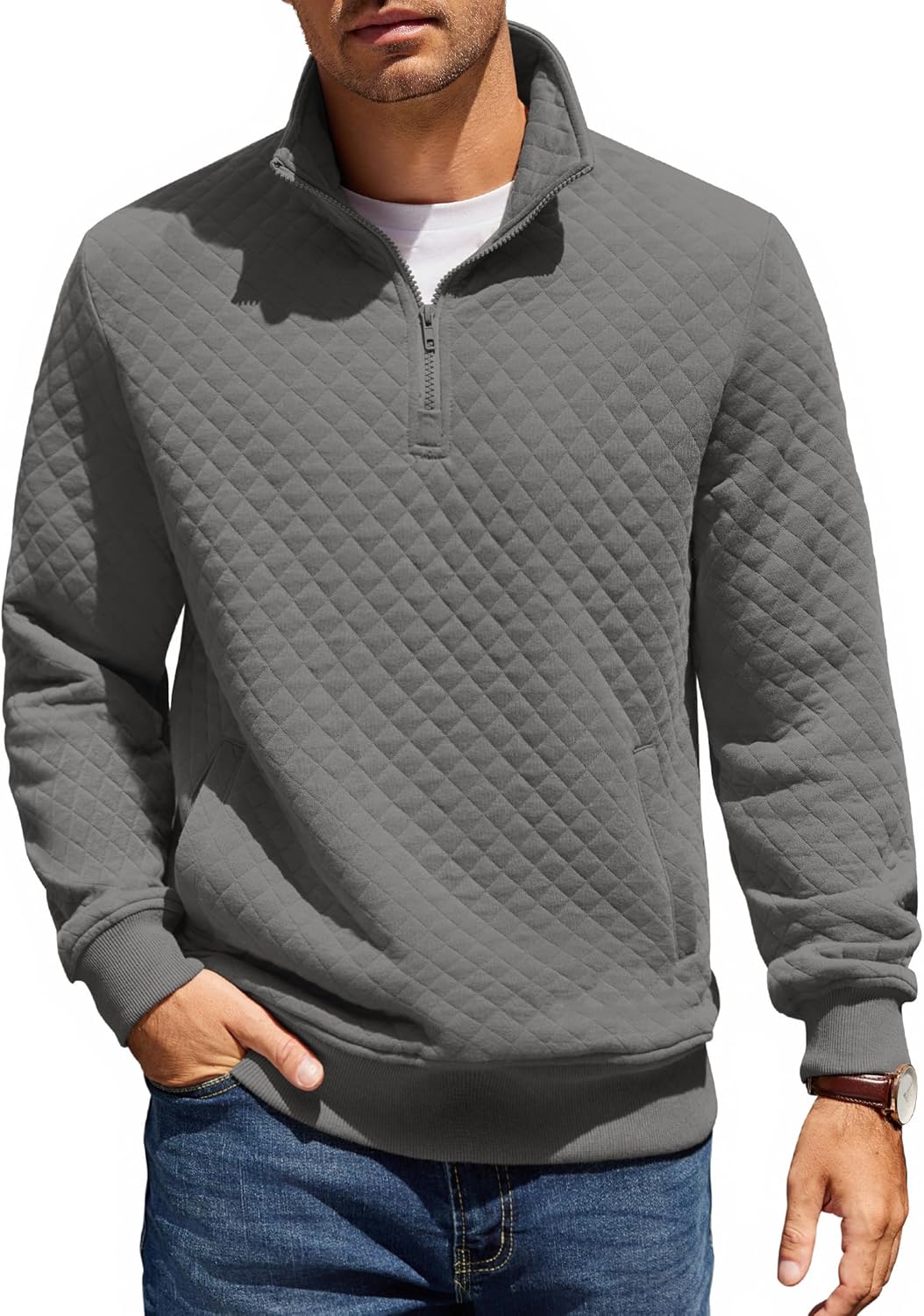 COOFANDY Mens Quarter Zip Pullover Quilted Sweatshirt Knit Long Sleeve Mock Neck Sweater Polo with Pocket