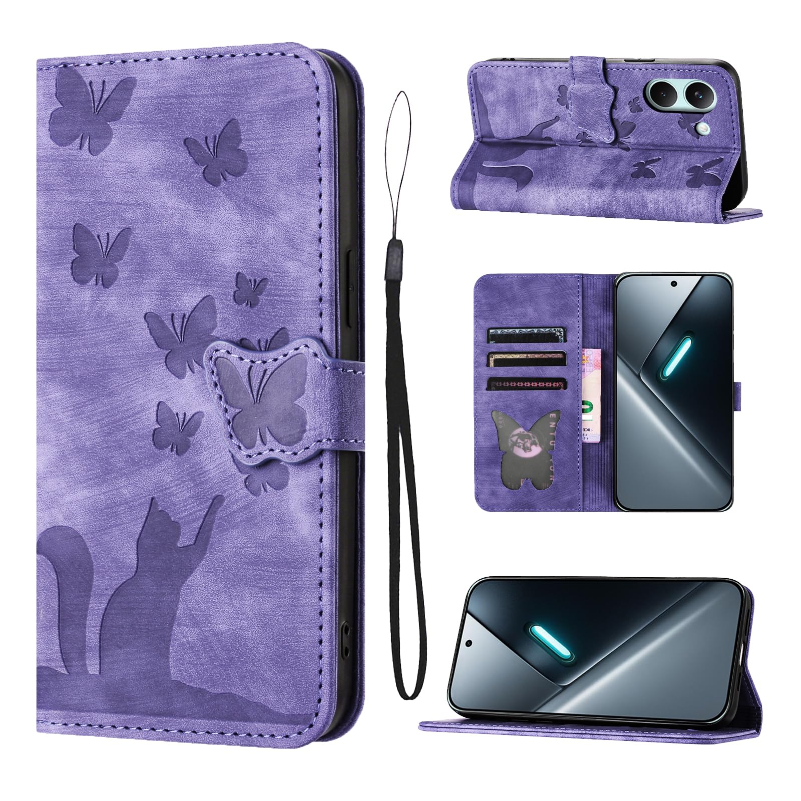 LSPCASA Cover per Xiaomi Poco X8 Pro 6.59" Custodia Cover Premium Pelle PU Portafoglio a Libro Flip Case Con Slot Per Schede e Funzione Supporto Gatto farfalla Case per Xiaomi Poco X8 Pro Viola