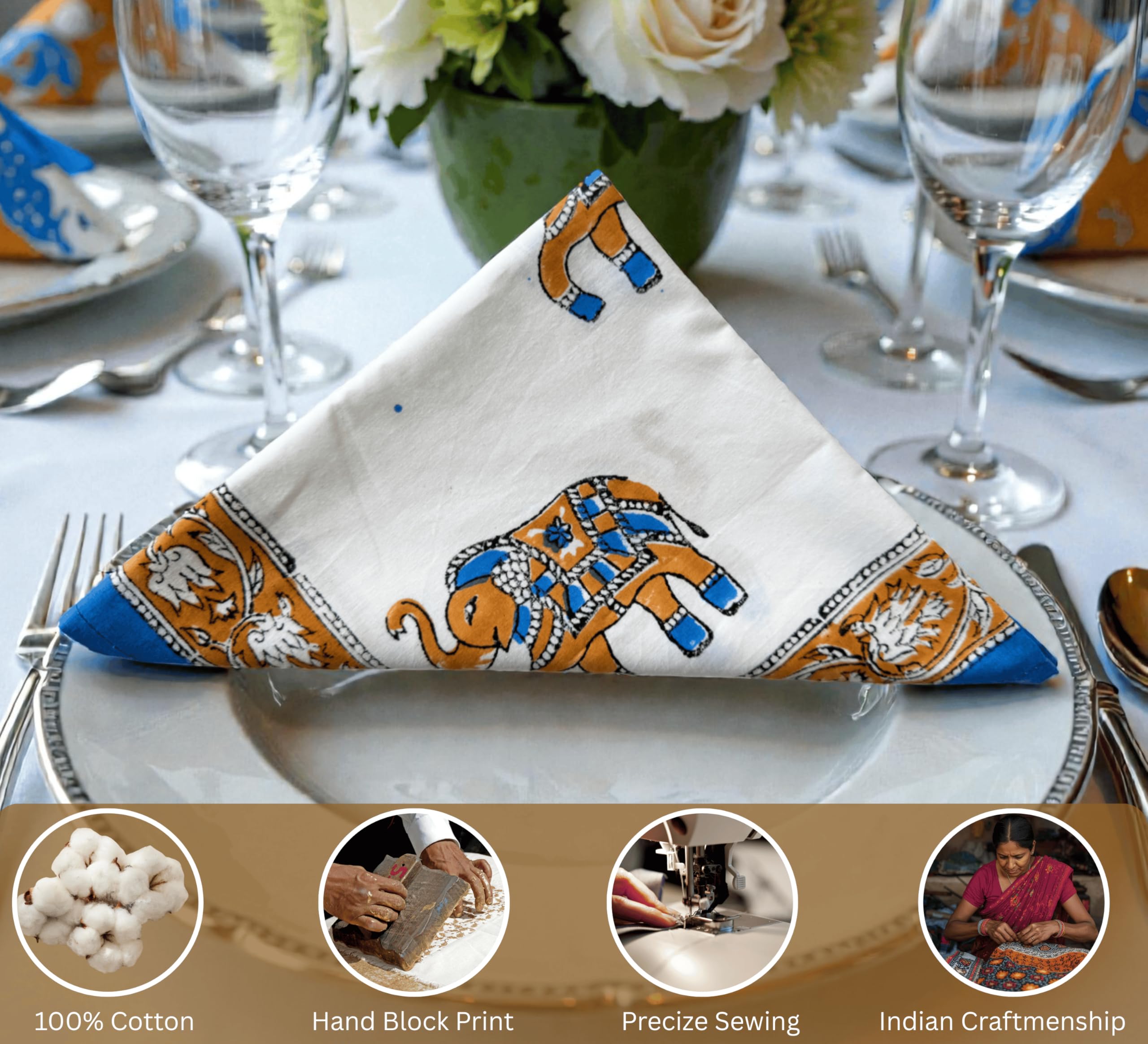 Juego de 6 servilletas de tela de algodón de alta calidad, reutilizables, lavables, perfectas para cenas, bodas y eventos (bloque elefante, 45,7 x 45,7 cm)