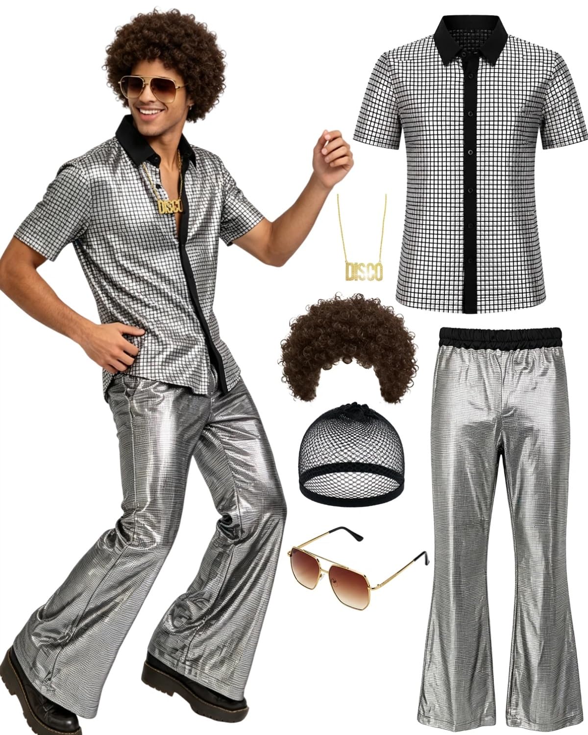 minkasic Mens 70's Disco Outfit Retro 70s Mens Costume for Adults Perfect 70's Theme Clothes for Parties Silver2 M โ image 1