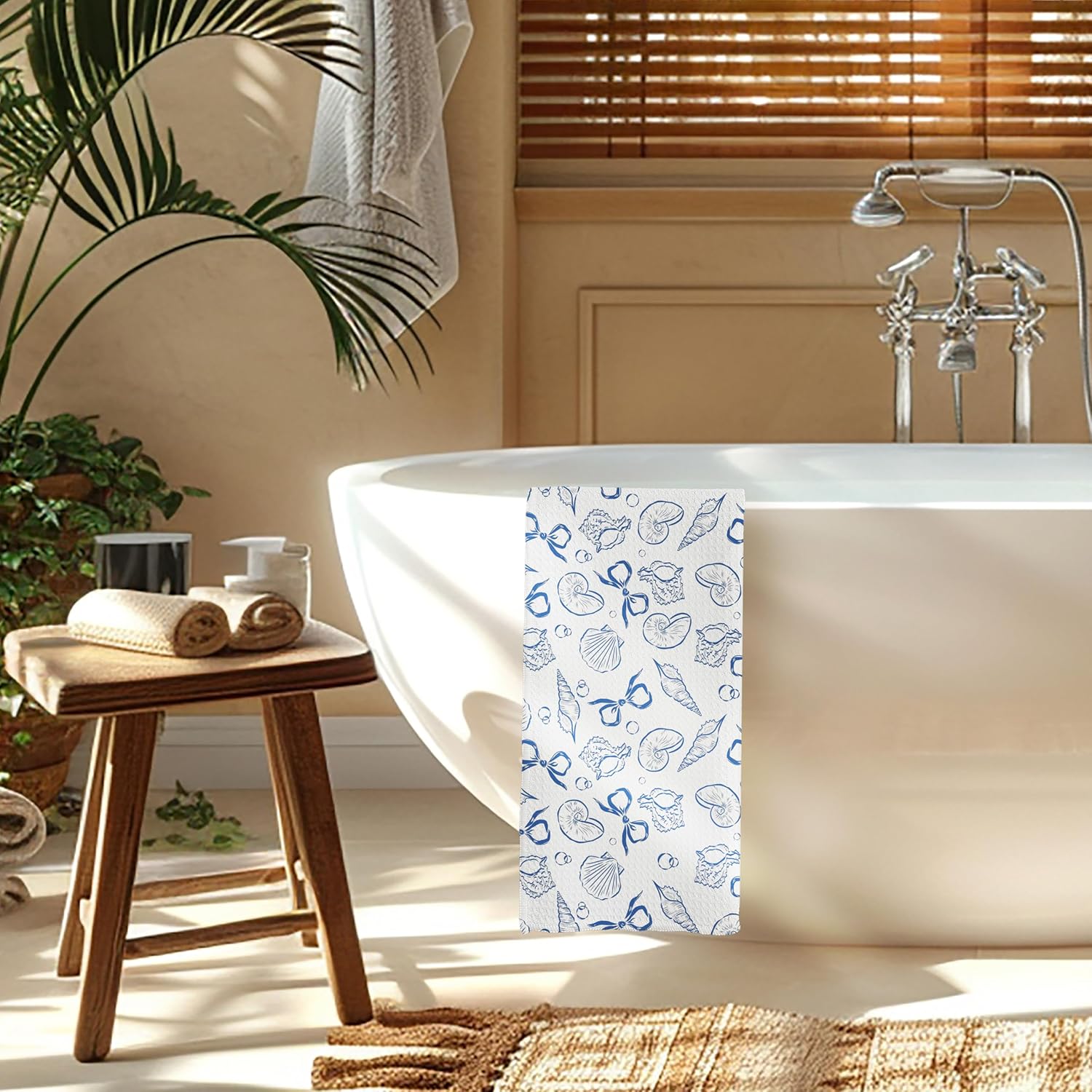 Coquette Blue Bow Seashell Beach Kitchen Towels, Preppy Blue Coastal Nautical Dish Tea Towels, Beach Gifts for Women Decorative Hand Towel for Kitchen Bathroom, 16x24 Inch - Image 4