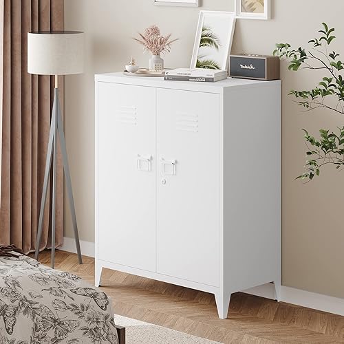 Miniatura 2 de AFAIF Gabinete de almacenamiento de metal con cerradura, gabinete de oficina independiente con puertas y estantes, armario de almacenamiento de