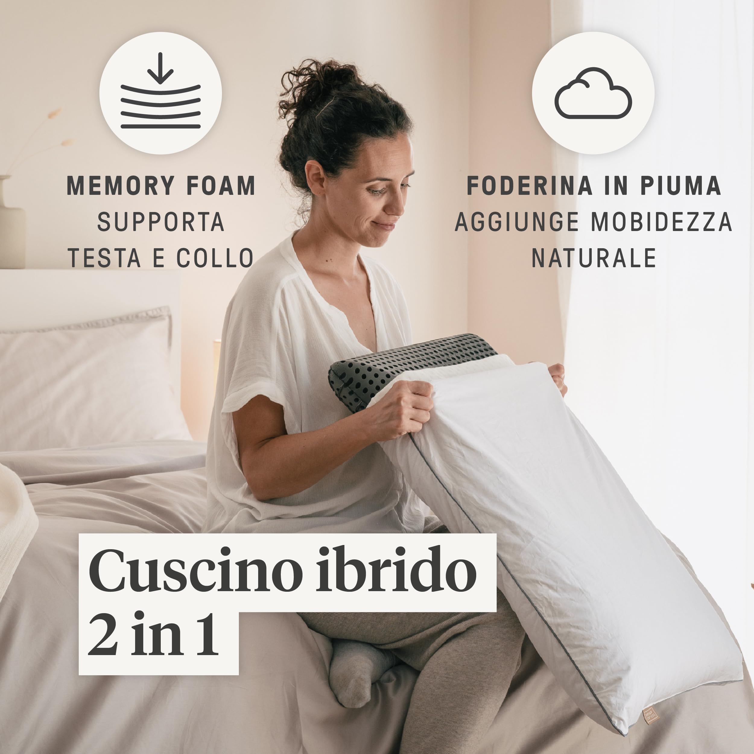 DREAMIN*101 - Cuscino Memory Foam Traforato 40x70 Extra Traspirante Ergonomico Alto 12cm + Federa Cuscino 50x80 Imbottita in 100% Piumino Naturale con Zip, Guanciale + Copricuscino Letto Made in Italy