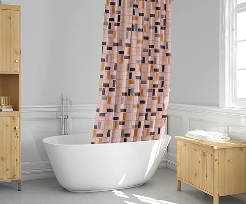 Miniatura 5 de Cortina de ducha MidMod rosa  72 x 72 pulgadas, cortina de baño moderna de mediados de siglo con patrón cuadrado abstracto, diseño retro de tela