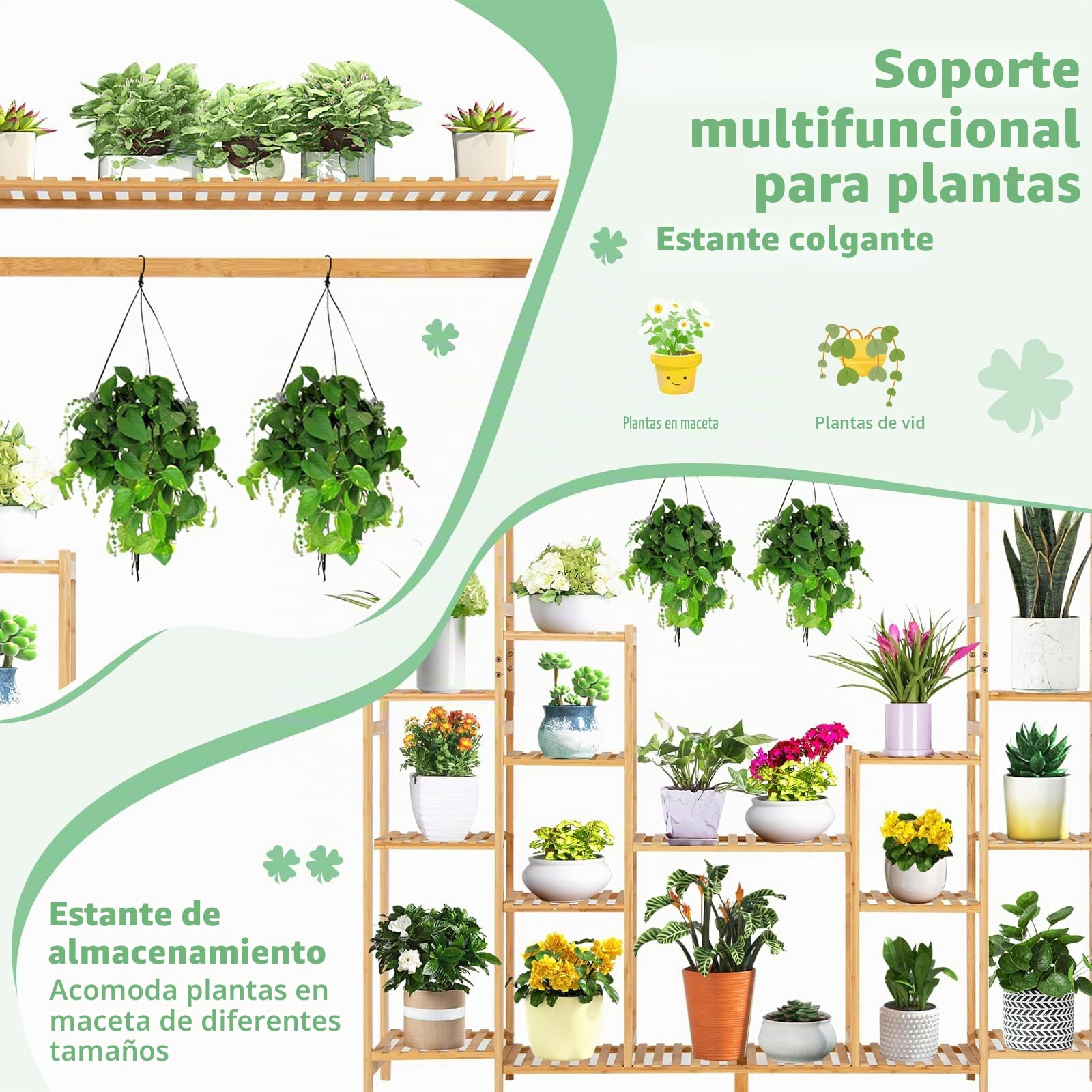 HOMASIS Estantería para flores con 18 estantes y barra colgante, estantería para plantas de bambú, soporte para plantas, soporte para plantas, para salón, 167 x 30 x 166 cm