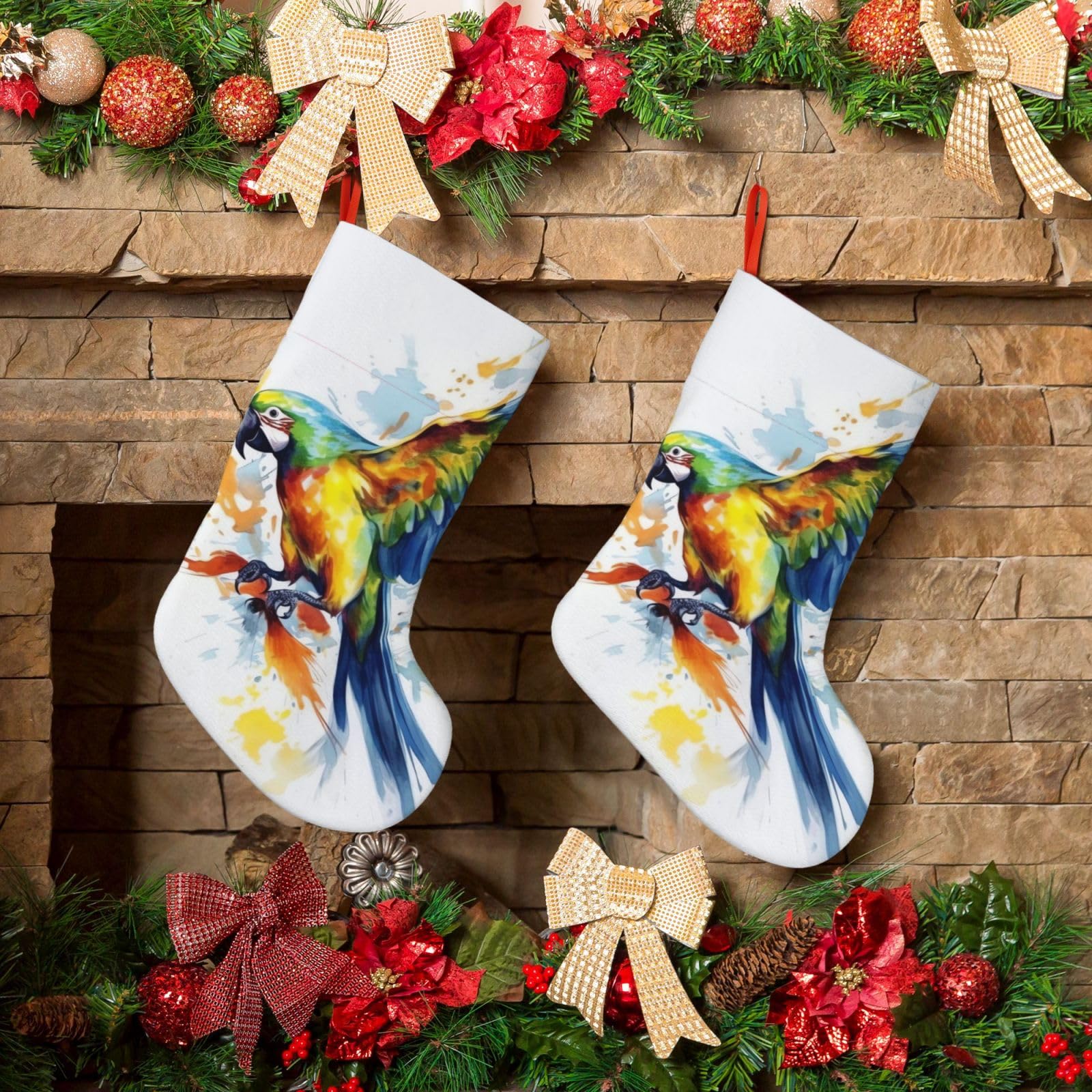 Fodpand Boys Black Flying Parrot Christmas Stockings Hanging Ornaments For Holiday Decor, 18 Inches Velvet Fireplace Hanging Xmas Stocking, Candy Gift Bags For Christmas Decorations