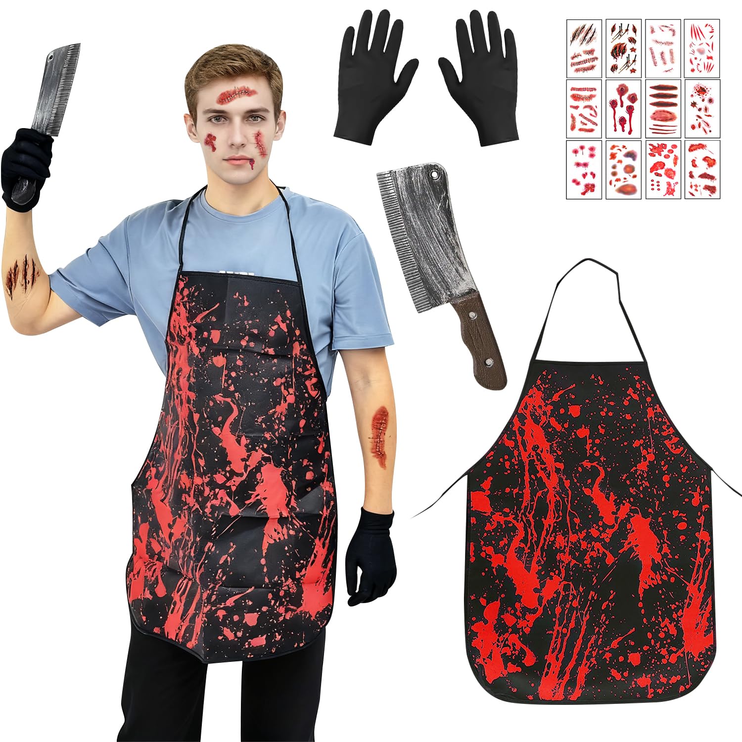 CHMMY Butcher Costume, 5 Pcs Serial Killer Costume with Halloween Creepy Mask Apron Gloves Fake Knife and Temporary Tattoo, Scary Halloween Costumes for Adult Party Prop