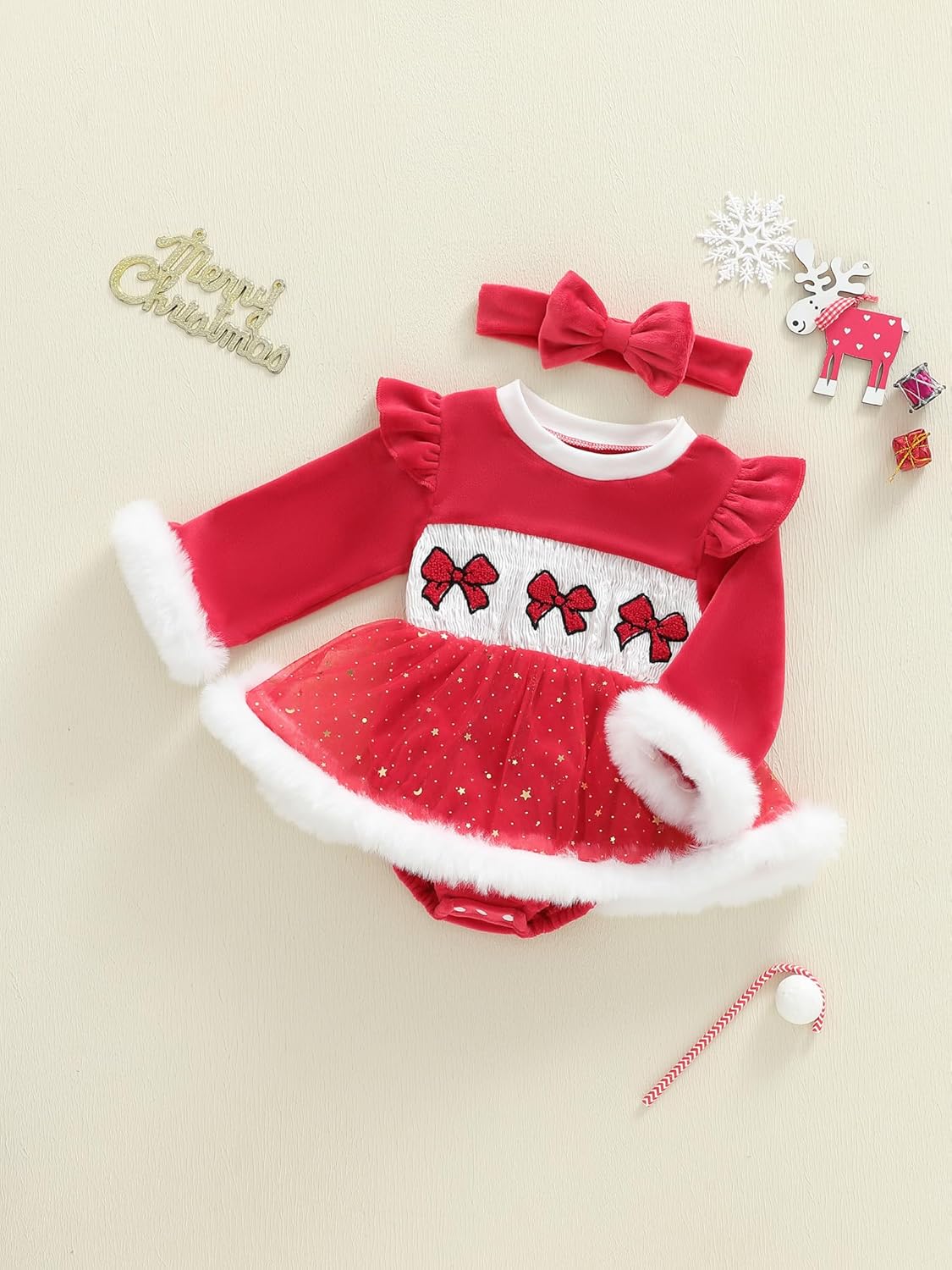 Baby Girl Christmas Outfit Newborn Christmas Dress Ruffle Sleeve Fur Trim Velvet Smocked Romper Dresses Headband Set - Image 2
