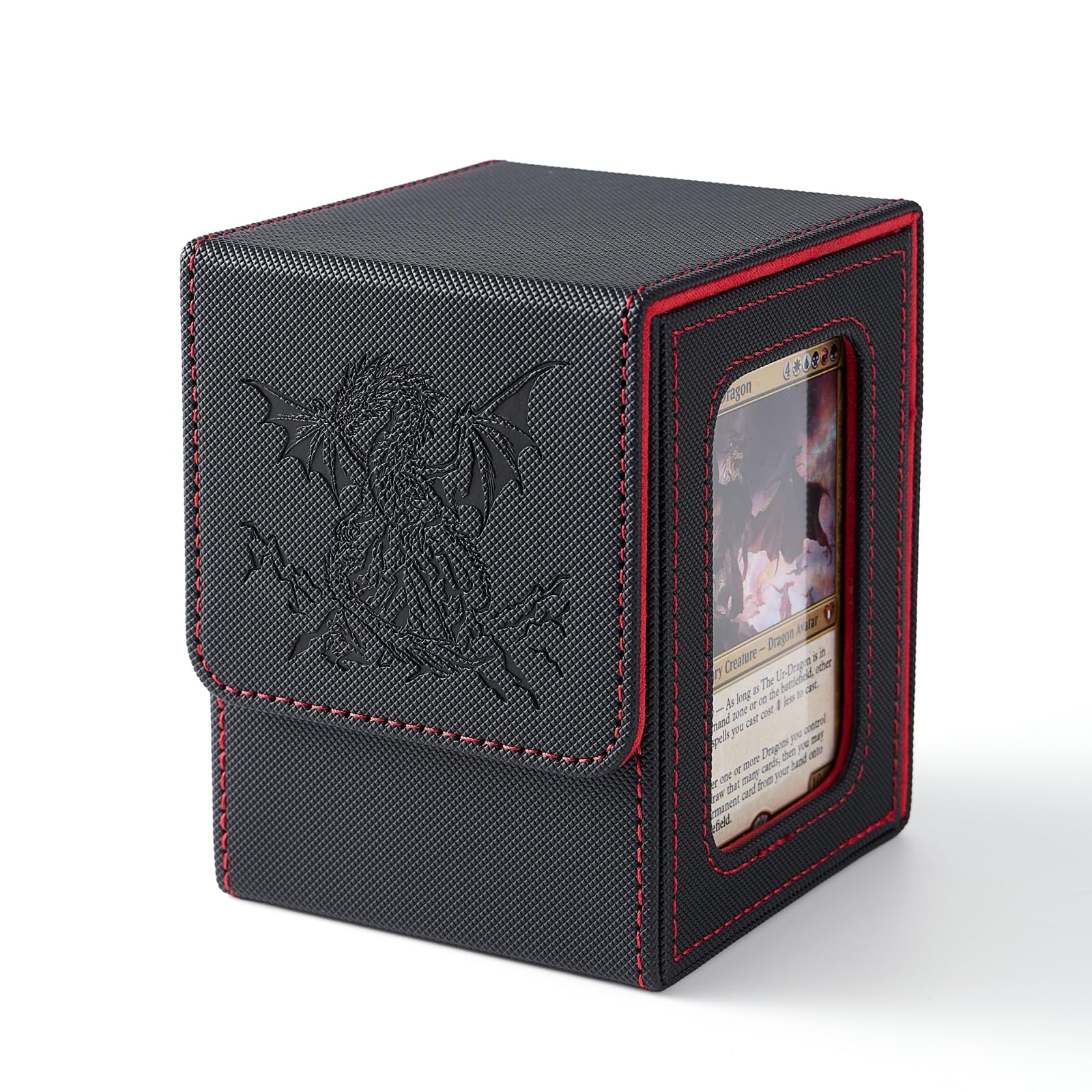 Venssu MTG Deck Box with Commander Display, Dragon Card Deck Case Fits 100 Double Sleeved Cards, TCG Card Storage Box with 2 Dividers and 1 Toploader (Black and Red)