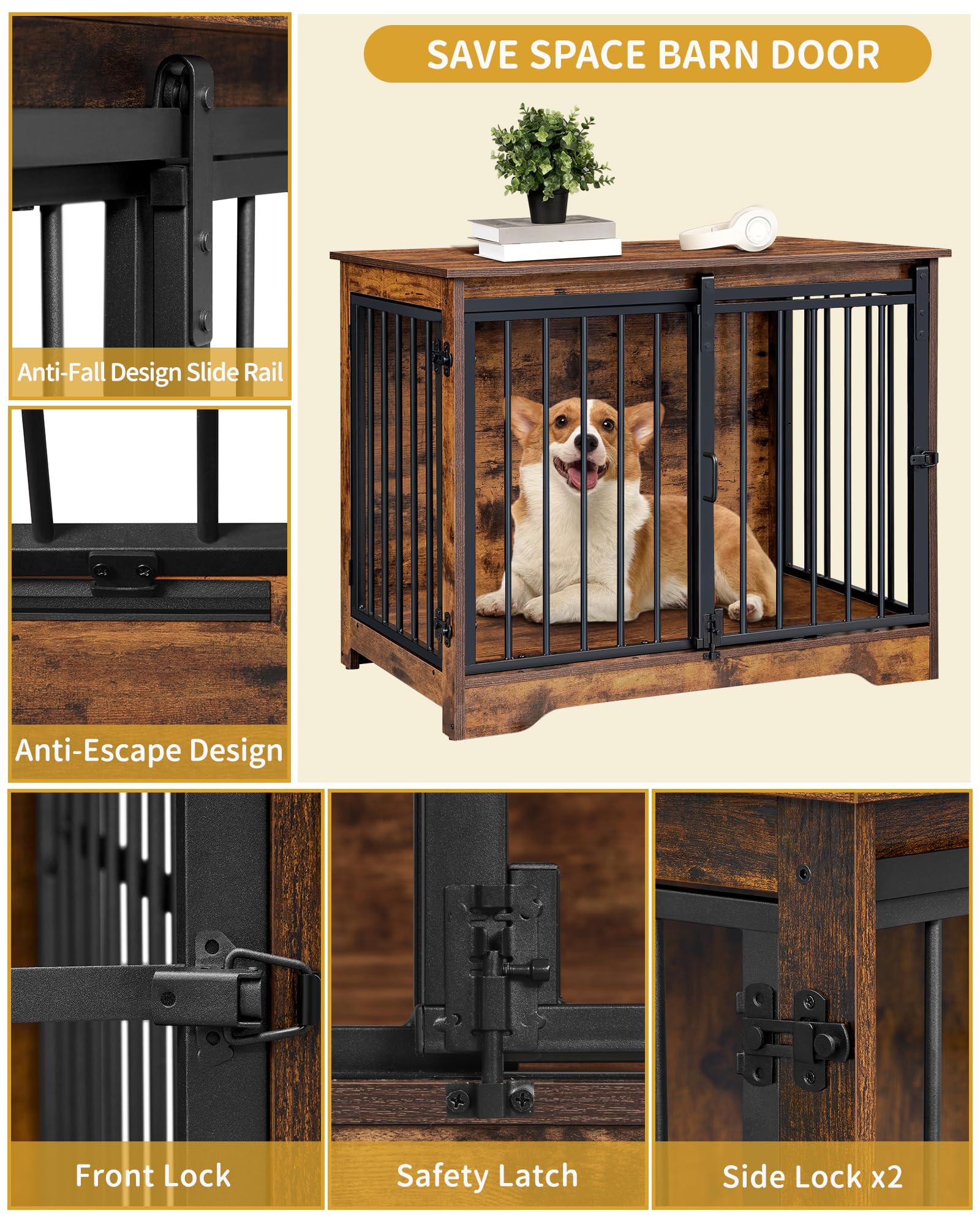 Hzuaneri Hundekäfig Möbel, 81cm hundebox für zuhause, Schiebetüren, 2 Türen, Moderne hundebox Holz Indoor für kleine/mittlere Hunde, Hundekäfig für Zuhause, 81 x 55 x 67,5cm, Vintagebraun DFC83601B