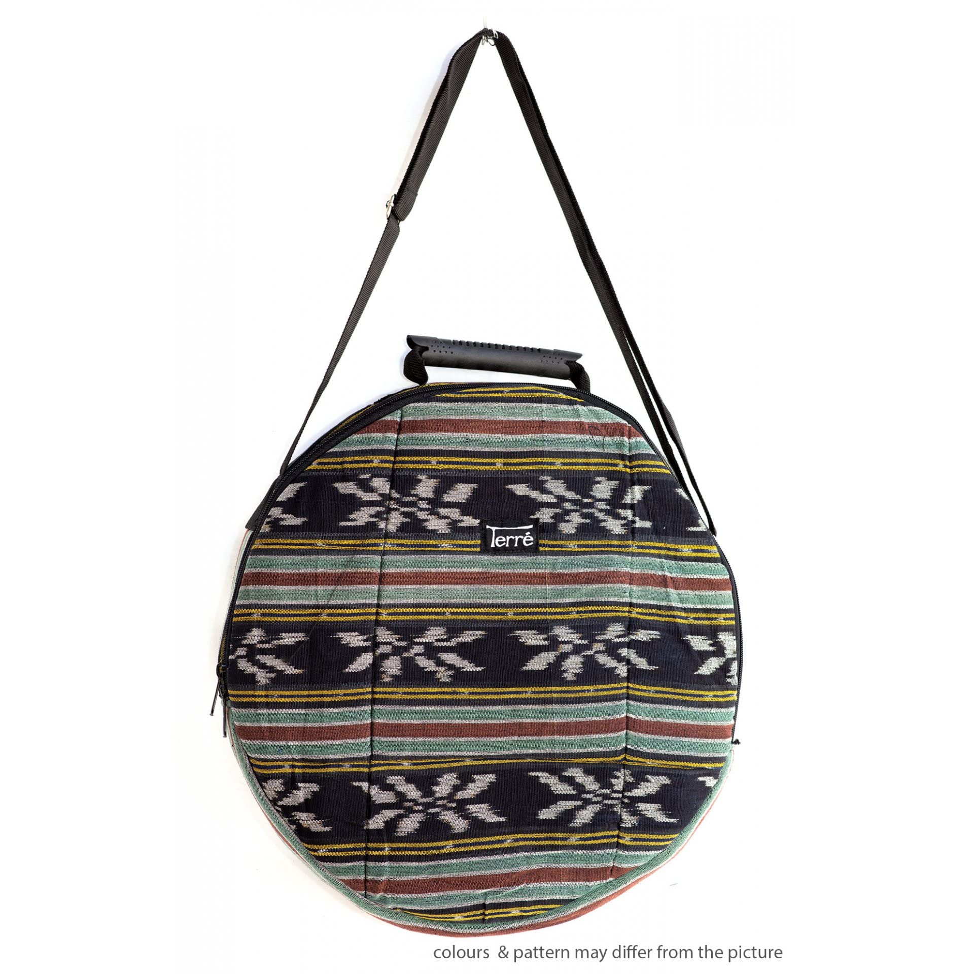 Shamandrum Tasche DUNKLE Farben aus Ikat-Webstoff Ø 60 cm für Schamanentrommel - im MYSEVENDO Set - Rund Ritual Drum Trageriemen Trommeltasche
