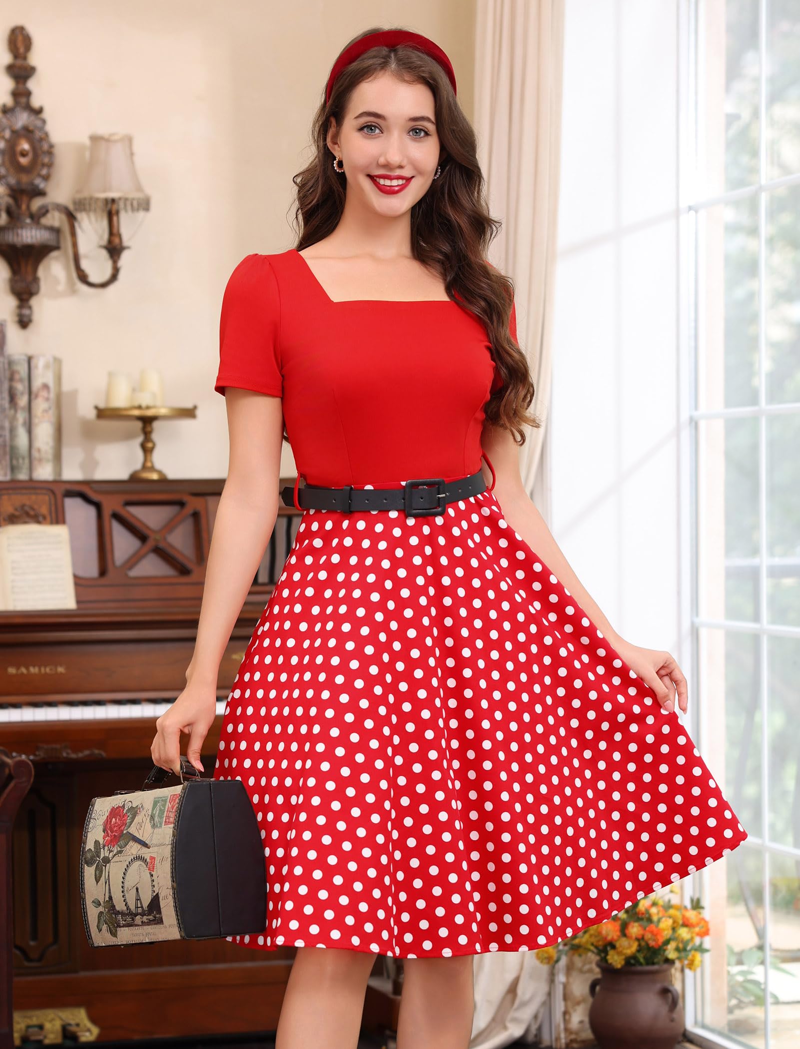 Abito Rockabilly da donna, vintage, a pois, con cintura