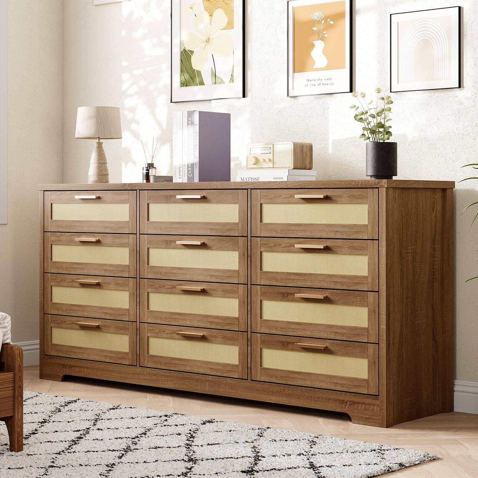 Photo 1 of [PARTIAL SET] [CLERK NOTES] Patikuin Rattan 12-Drawer Dresser, Modern Farmhouse Chest of Drawers, Space Saving Storage Organizer for Bedroom Living Room & Apartment, Holds Up to 55'' TV, Natural