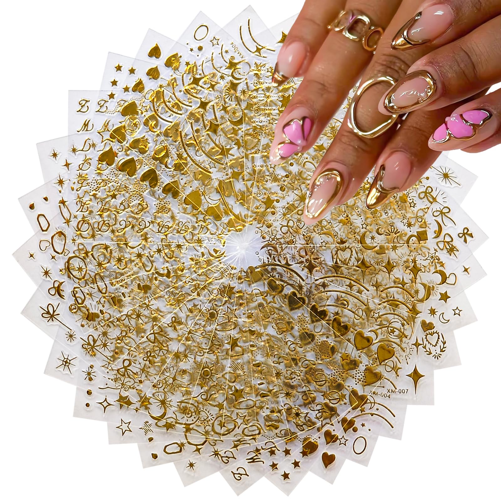 30Sheets Gold Nail Stickers Star Flower Heart Line Nail Art Stickers for Nails Art 3D Self-Adhesive Gold Nail Decals Golden Sticker for Women Girls