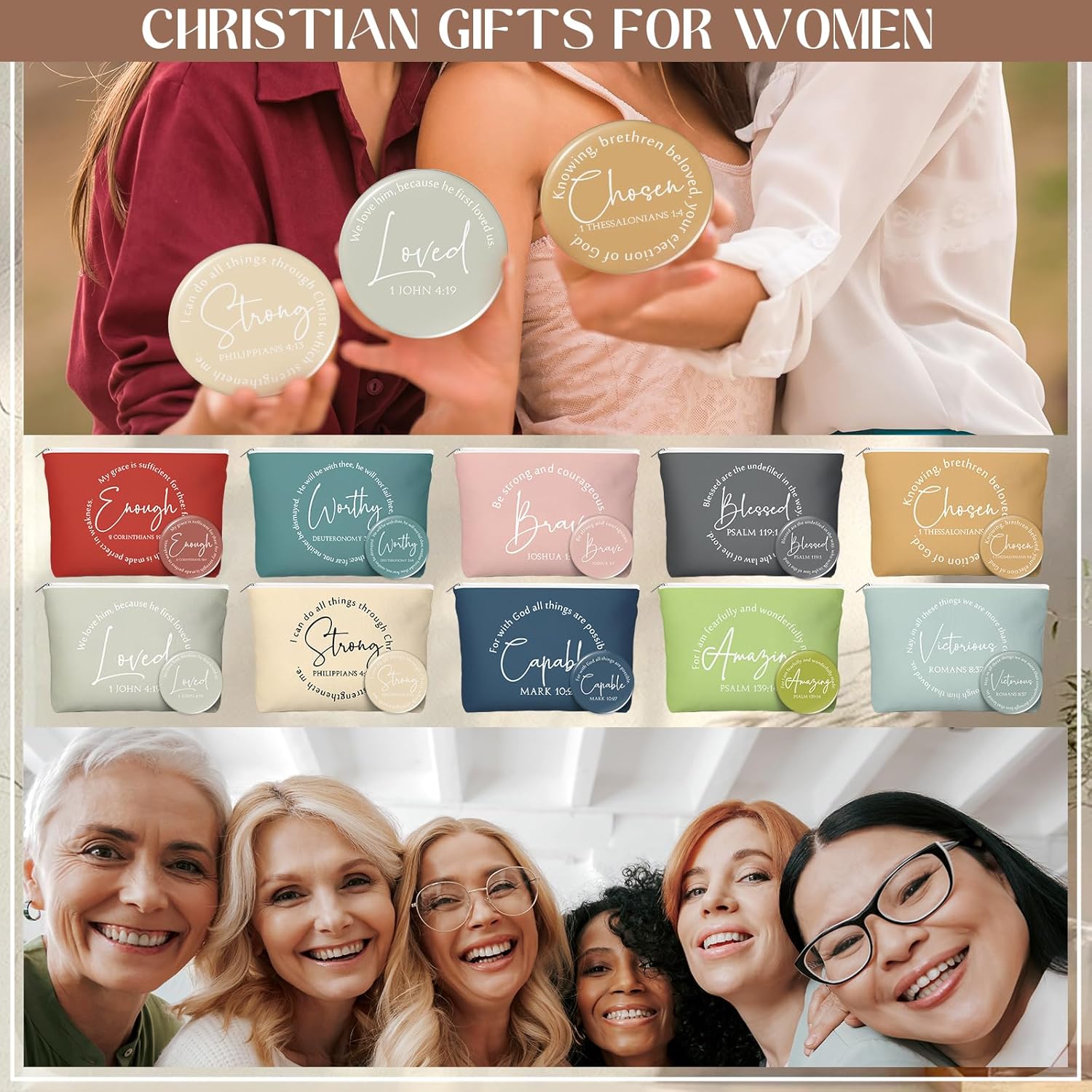 Geelin 12 Sets Christian Catholic Gifts for Women Religious Makeup Bags and Compact Mirrors Mother's Day Inspirational Gifts for Teacher Nurse Staff Coworker Church Bible Study Group Member (Classic)