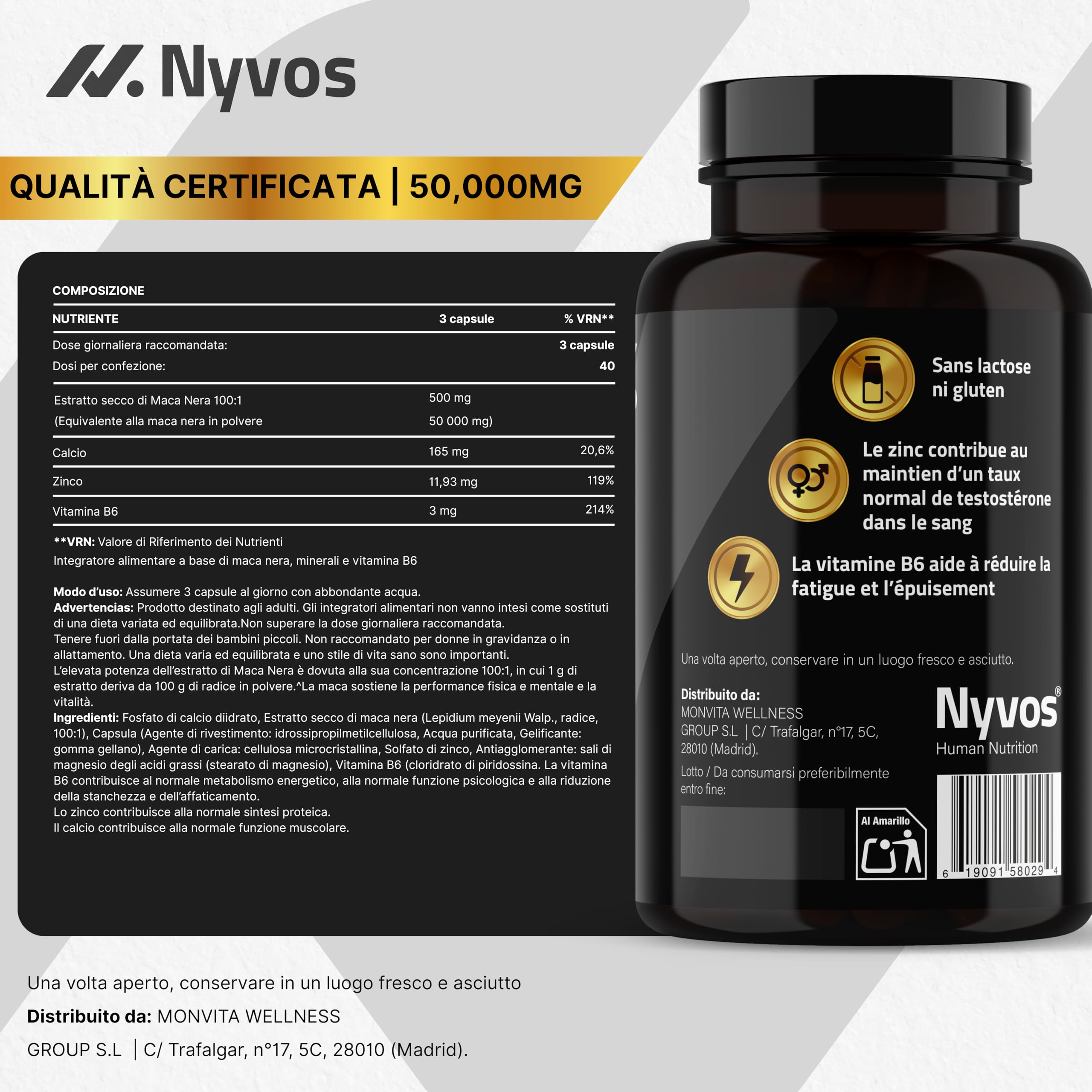 Maca Nera Extra Forte 50.000 mg 100:1 – Integratore per Uomo con Maca Peruviana, Zinco e Vitamina B6 – Energia e Vitalità – Testosterone Support – 120 Capsule – Nyvos