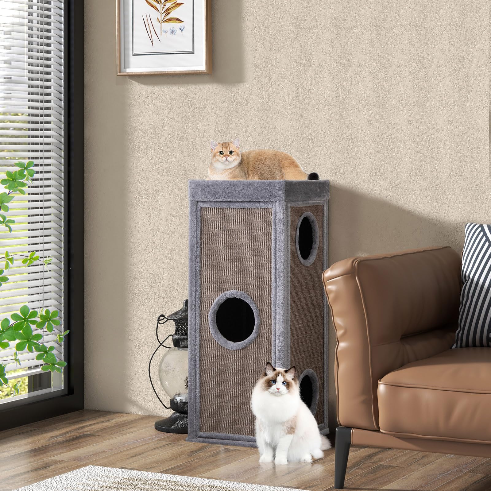 COSTWAY Maison pour Chat à 4 Étages, Tonneau Griffoir Chat, 3 Condos, 2 Planches à Griffer en Sisal, Plateformes, Tour pour Chaton, 4 Coussins Amovible, Peluche Douce, 40 × 40 × 99 cm