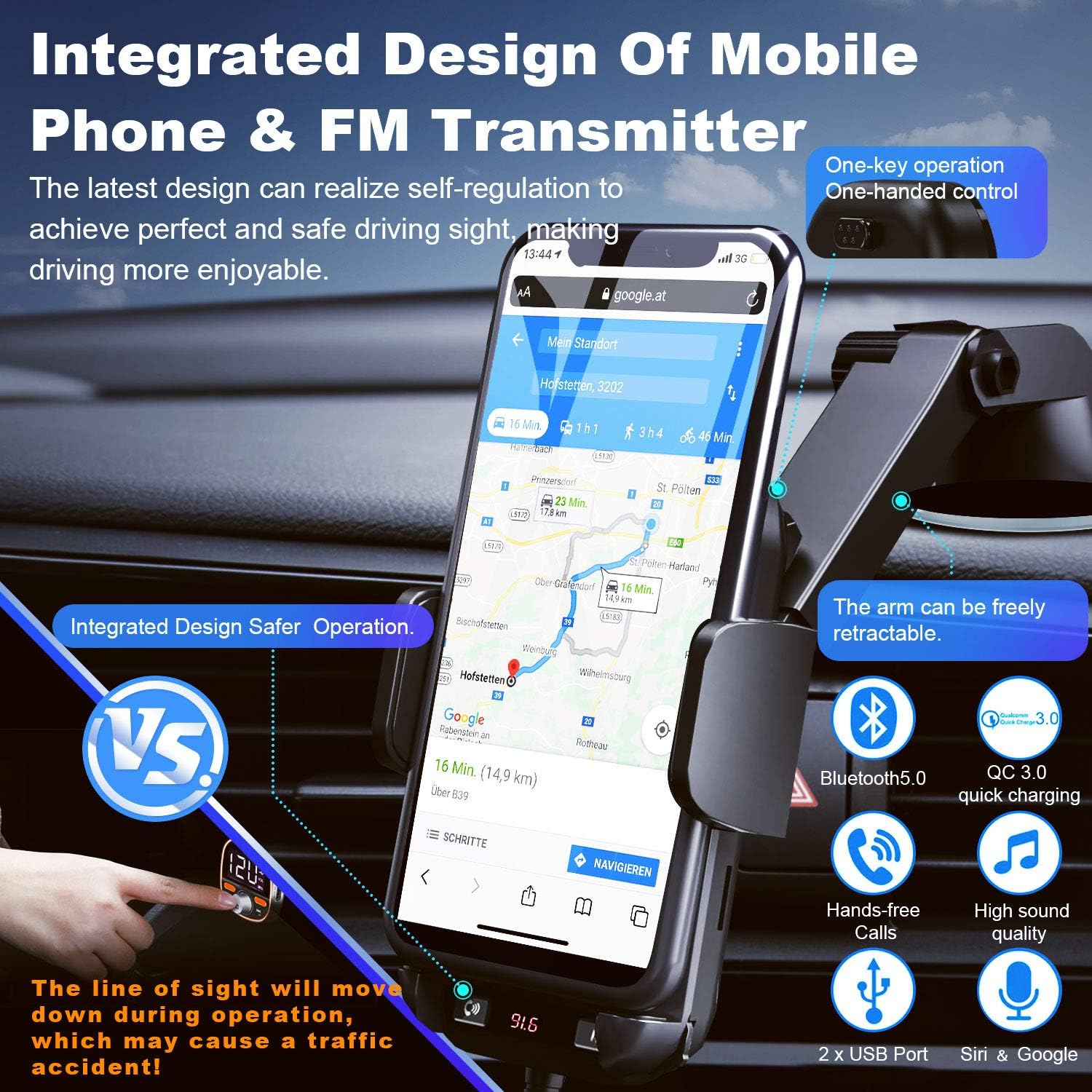 SOYUKI(Safe Driving) Bluetooth FM Transmitter car Phone Mount,Long Arm mp3 Player fm transmitters,QC3.0 Bluetooth Radio Adapter Music Player Support USB/TF/AUX in Compatible with All Phones : Electronics
