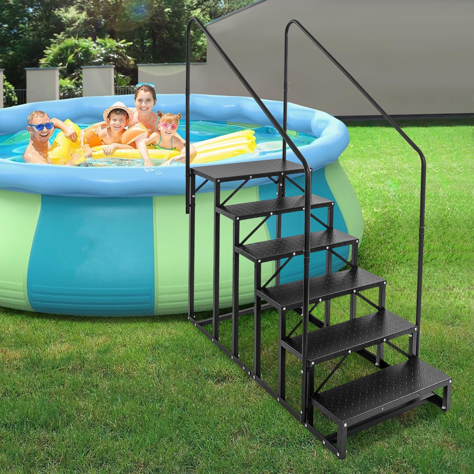 Escalera de 6 peldaños para autocaravana, acero al carbono, escalones para autocaravanas con pasamanos, escalera de piscina, escalera antideslizante para mascotas para caravanas, remolques, camping