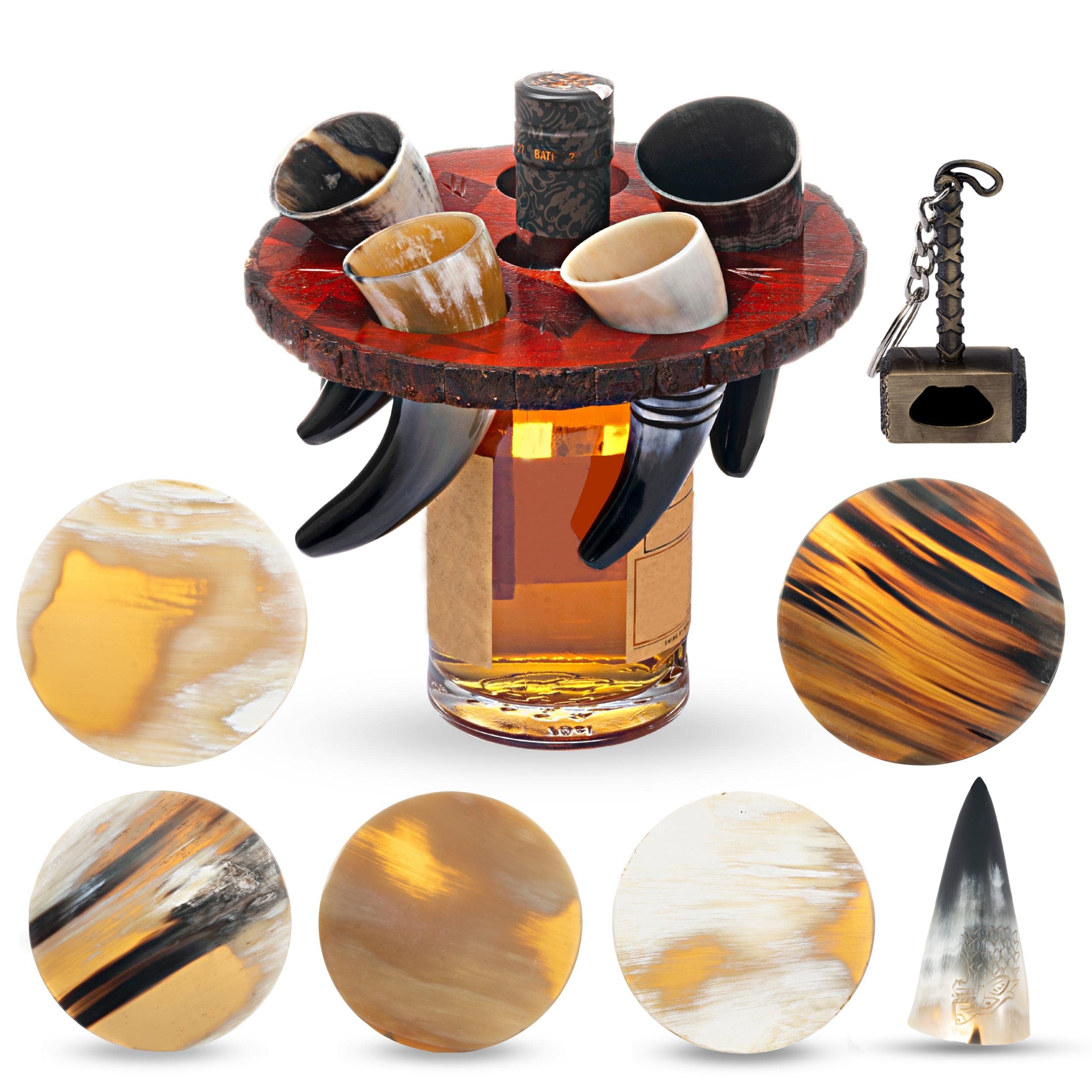 FENRIR Viking Shot Horn set of 5 Glasses with 5 coasters Horn cup with Wooden Serving and storage tray,Party set, Gift for Men and Women, Father Day Gift