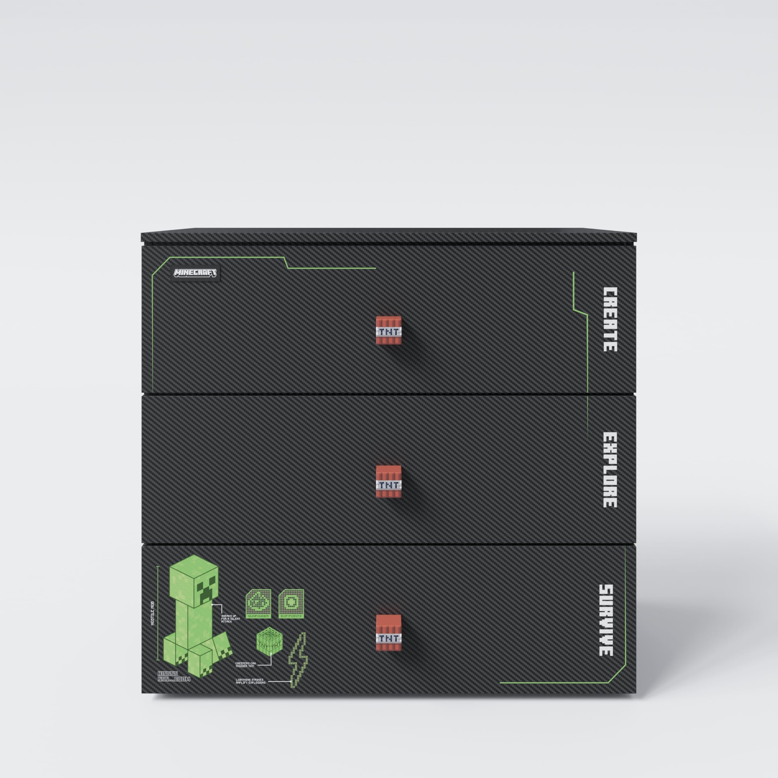 Original Minecraft-Kommode mit 3 Schubladen und LED-Beleuchtung