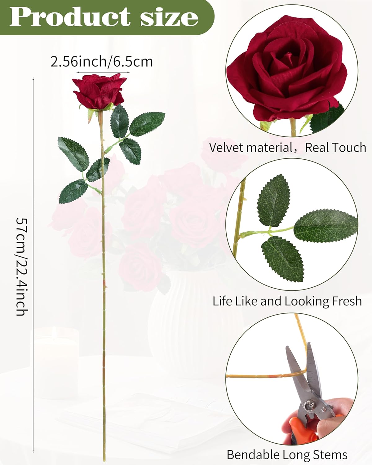 DuHouse 50Pcs Red Roses Artificial Flowers,Fake Velvet Rose Bulk, Artificial Roses Bouquet with Long Stems for Wedding Party Arrangement Centerpiece Decorations(Red) - Image 2