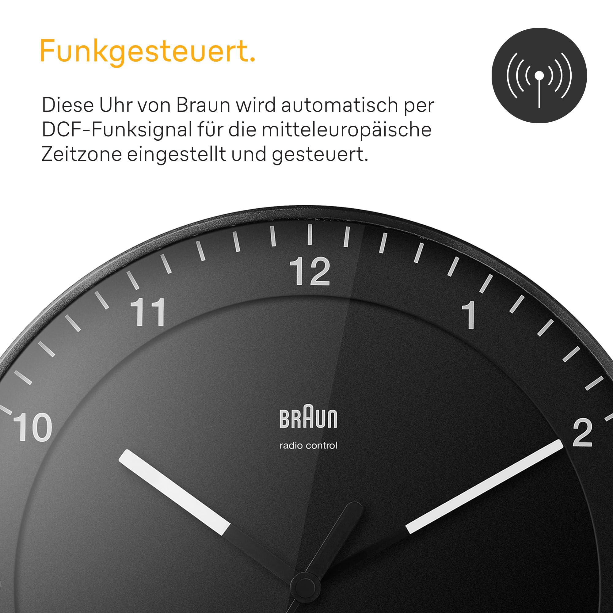 Braun Klassische große Funkwanduhr Mitteleuropäische Zeitzone (MEZ/GMT+1) mit leisem Uhrwerk, leicht lesbares Zifferblatt, 30cm Durchmesser, schwarzes Modell BC17B-DCF.